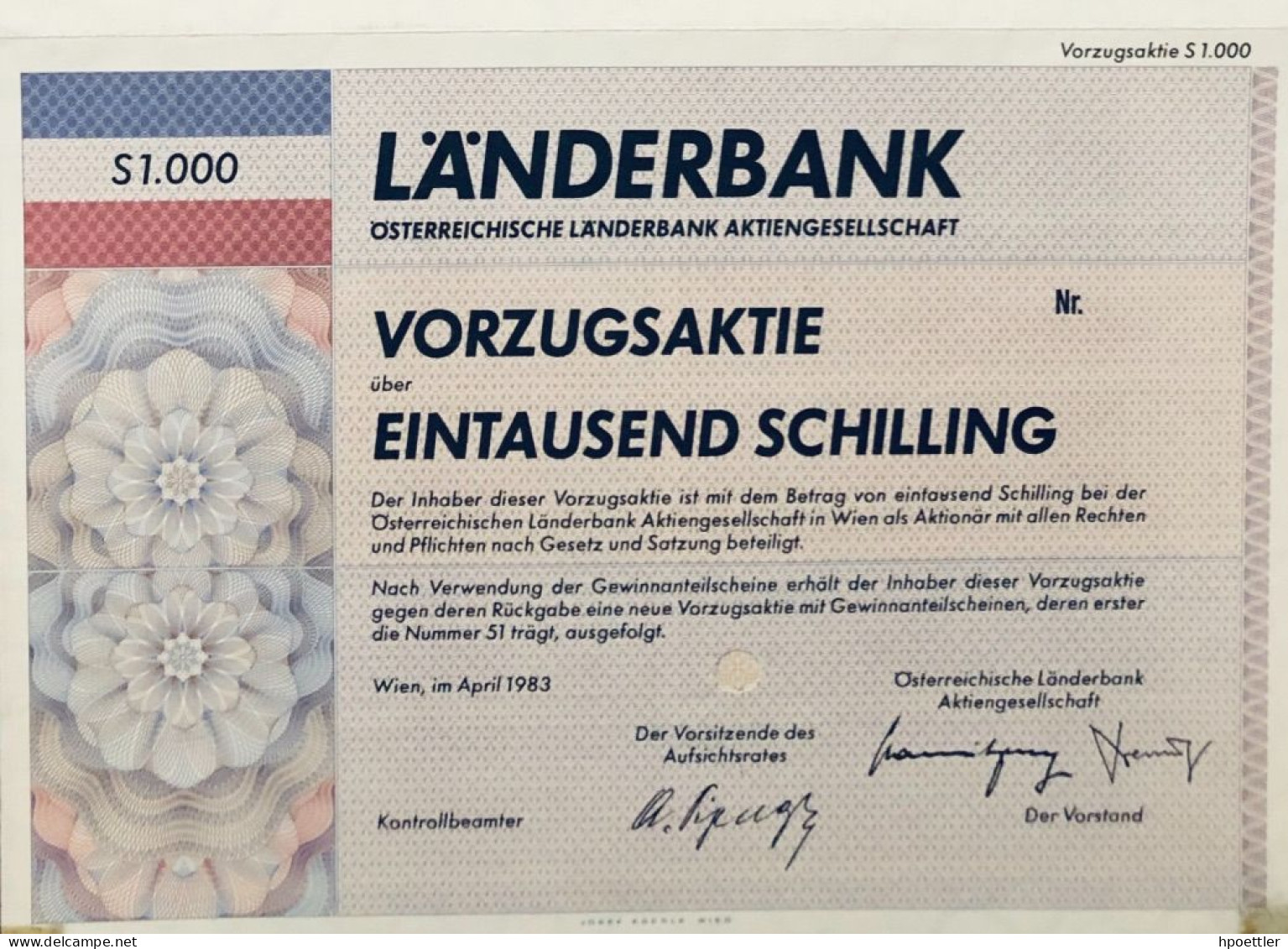 Vienne 1983: Stock Prefere - Österreichische Länderbank  AG 1.000 Schilling - Bank & Versicherung