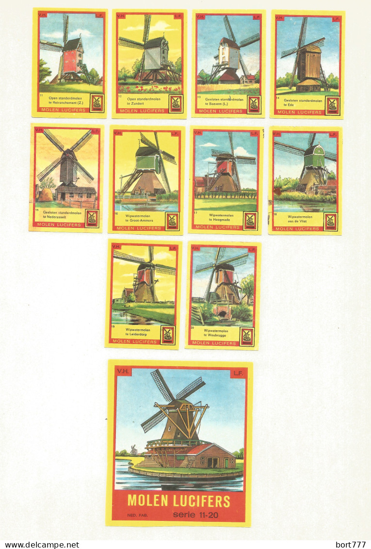Netherlands 10 + 1 Old Matchbox Labels - Old Mills, Serie # 11-20 - Zündholzschachteletiketten
