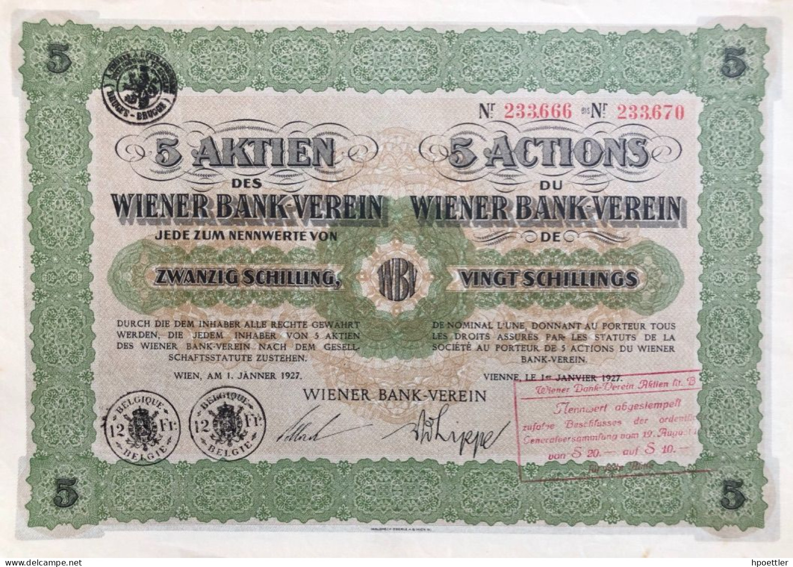 Vienne 1927: Cinq Action - Wiener Bank-Verein 100 Schillings - Bank & Insurance