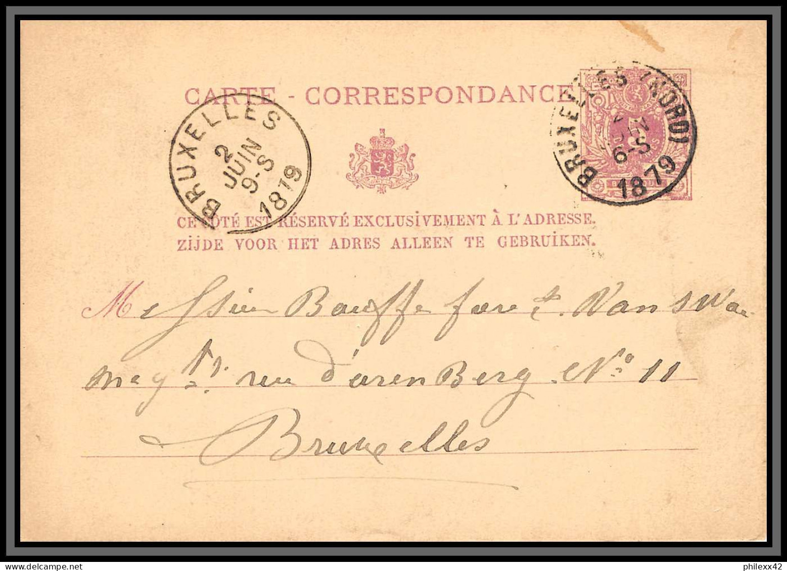 75574 N°10A Lion Couché 5c Violet Bruxelles Nord 1879  Entier Postal Stationery Carte Postale Belgique - Cartoline 1871-1909