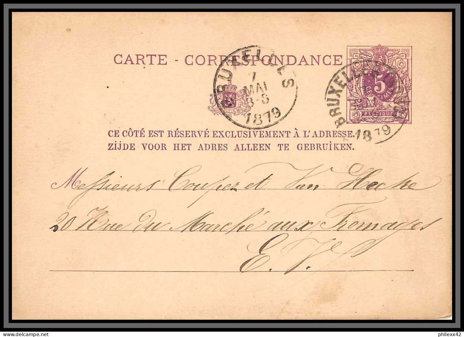 75567 N°10A Lion Couché 5c Violet Bruxelles 1879 Entier Postal Stationery Carte Postale Belgique - Postcards 1871-1909
