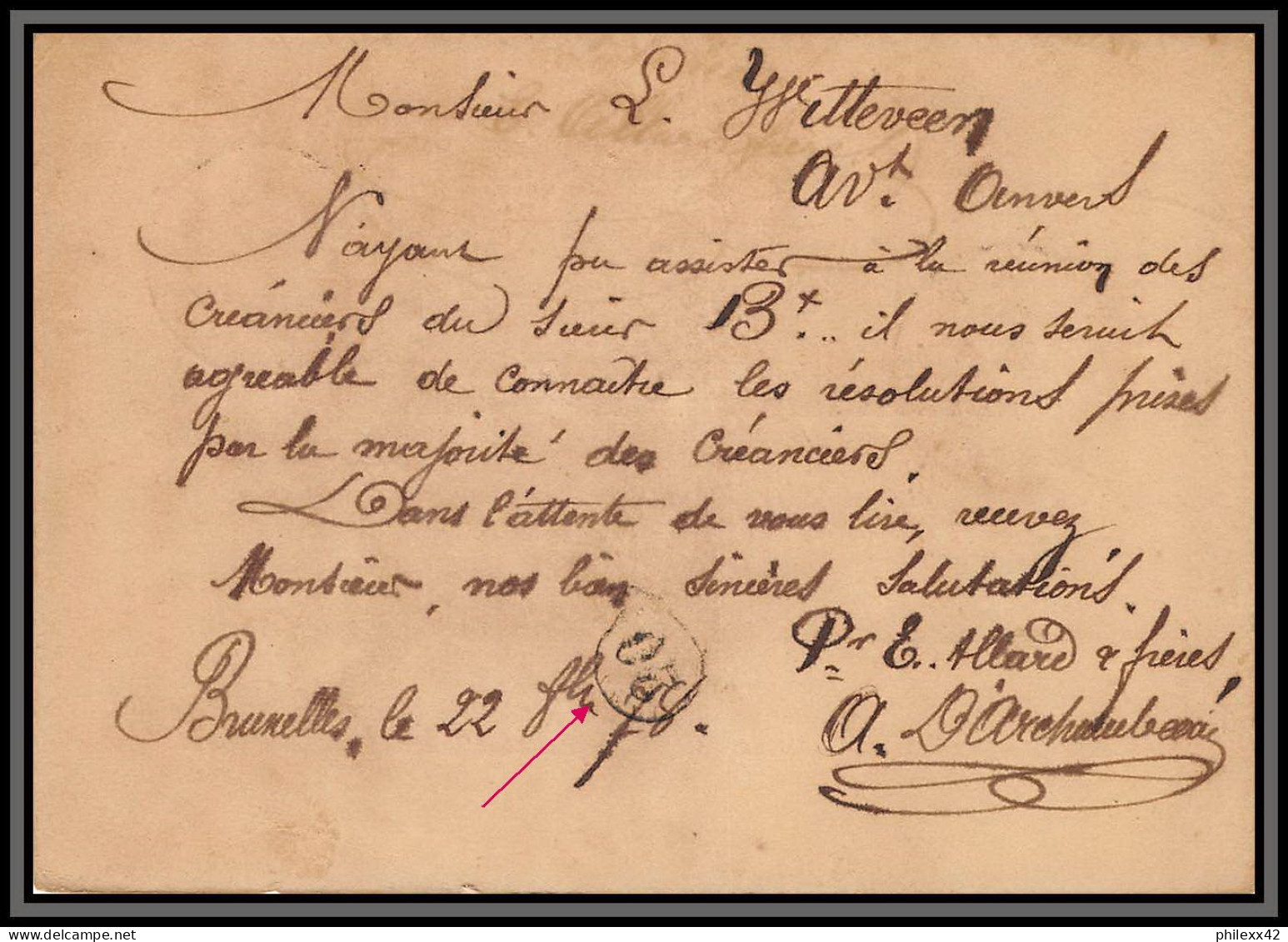 75560 N°10A Lion Couché 5c Violet Bruxelles Anvers 1878 Entête Allard Entier Postal Stationery Cachet N°20 Belgique - Cartoline 1871-1909