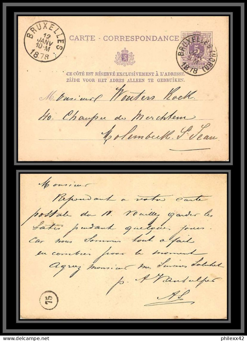 75568 N°10A Lion Couché 5c Violet Bruxelles Molenbeek St Jean 1878 Entier Postal Stationery Cachet 75 Belgique - Cartoline 1871-1909