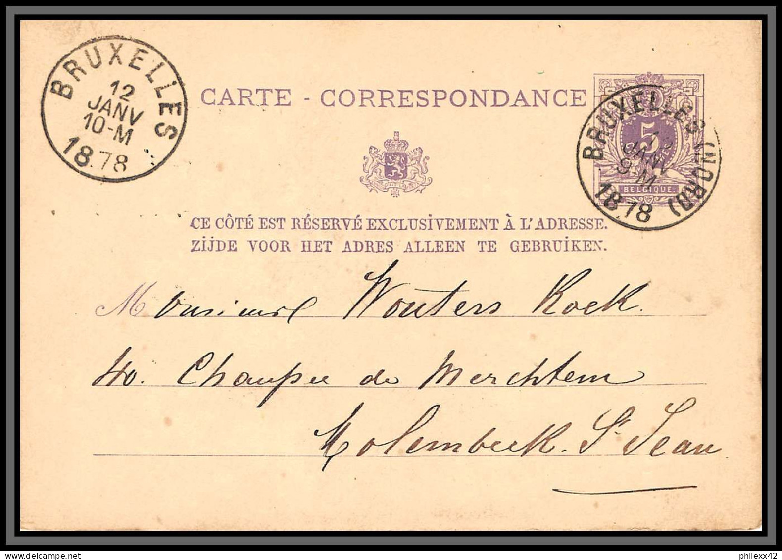 75568 N°10A Lion Couché 5c Violet Bruxelles Molenbeek St Jean 1878 Entier Postal Stationery Cachet 75 Belgique - Postcards 1871-1909