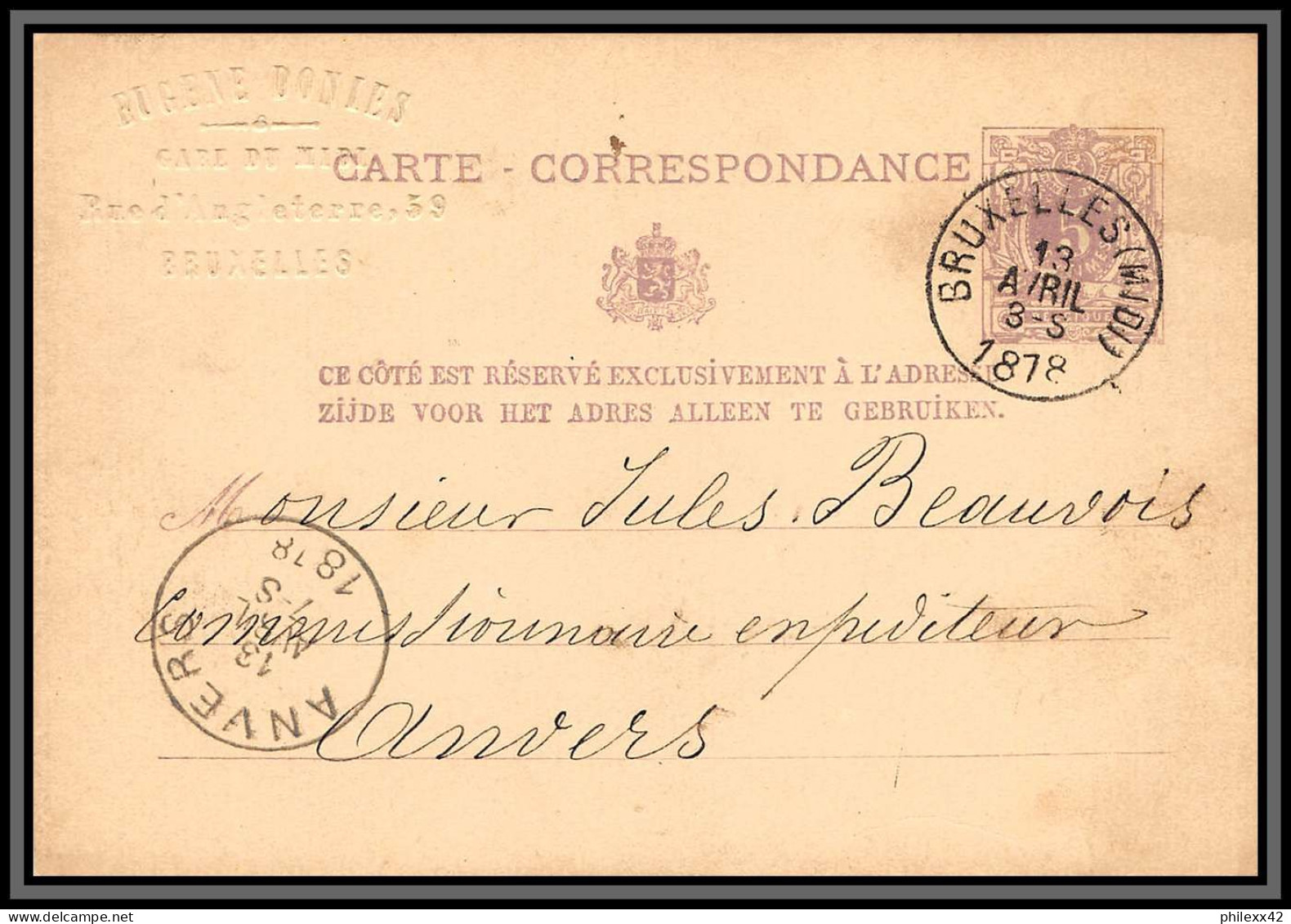 75561 N°10A Lion Couché 5c Violet Bruxelles Anvers 1878 Entête Eugene Donies Entier Postal Stationery Carte Belgique - Cartoline 1871-1909