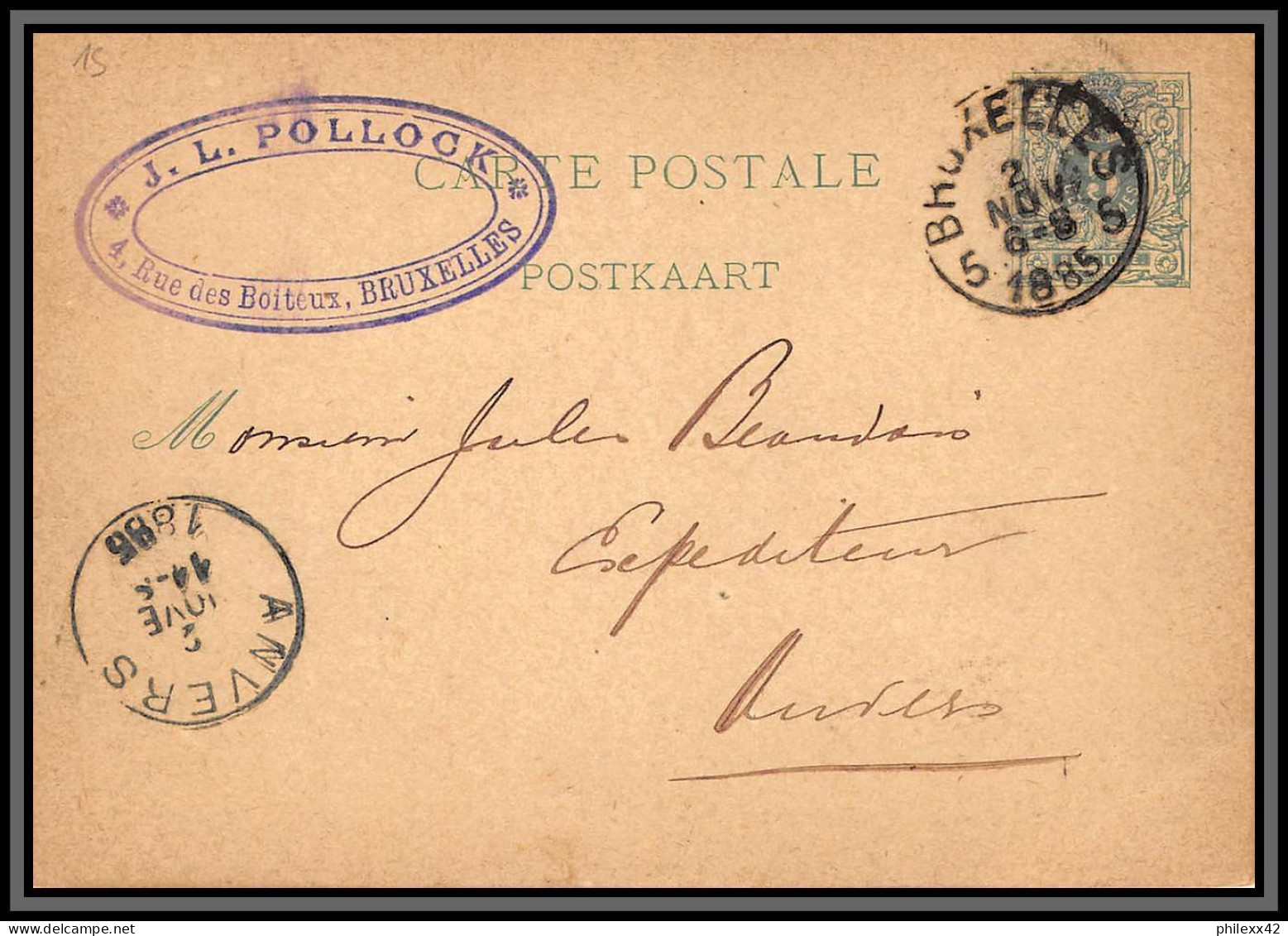 75536 N°17 Lion Couché 5c Vert Bruxelles Anvers Entête Pollock 1885 Entier Postal Stationery Carte Postale Belgique - Cartoline 1871-1909