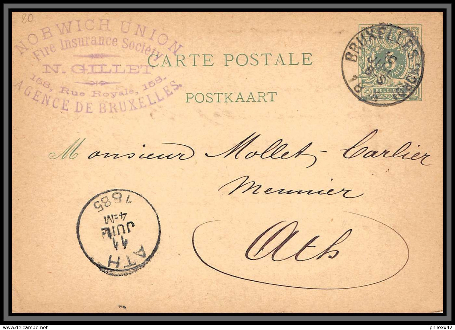 75540 N°17 Lion Couché 5c Vert Bruxelles Ath 1885 Entête Norwich Union Gillet Entier Postal Stationery Carte Belgique - Tarjetas 1871-1909