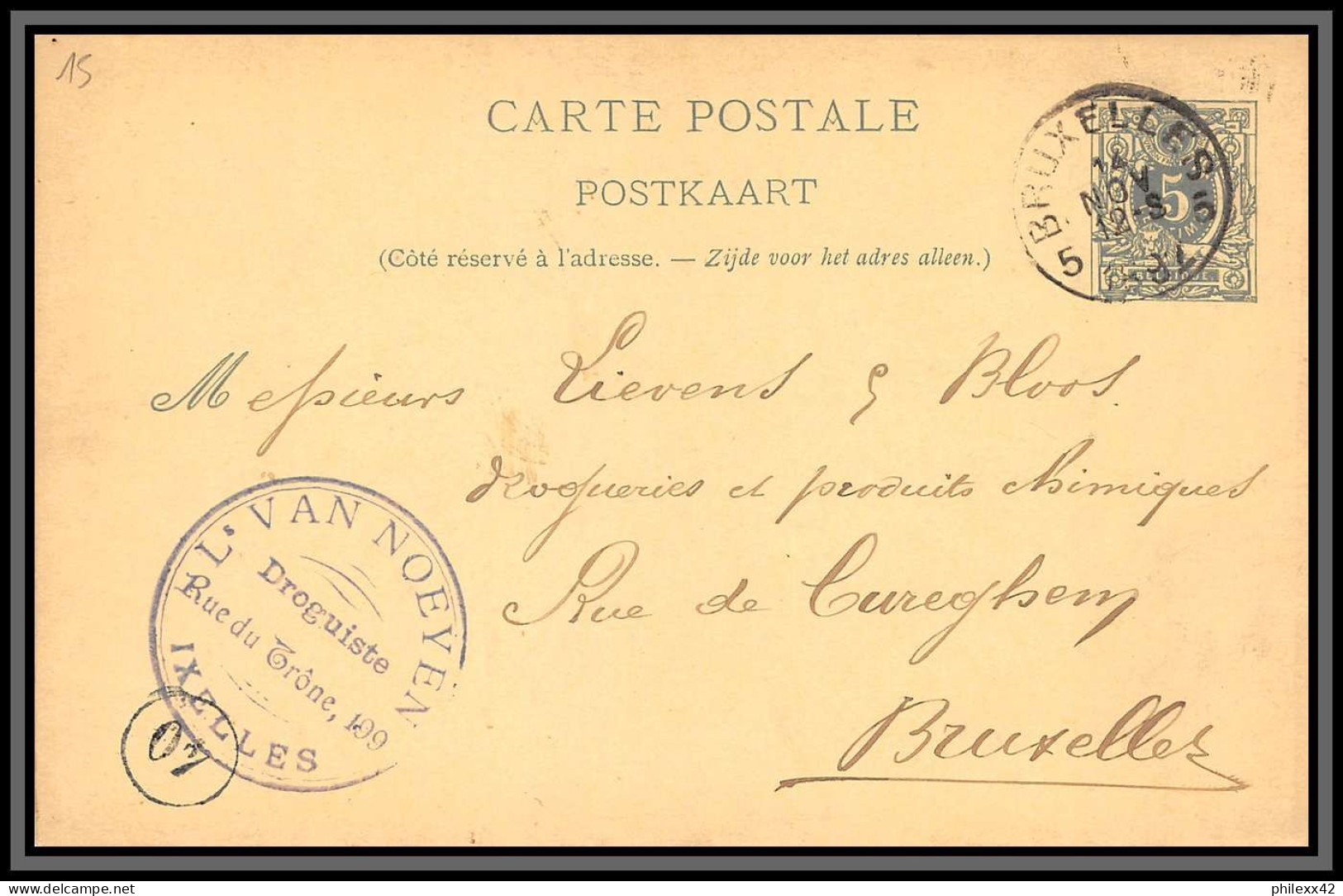 75524 N°19 Lion Couché 5c Vert Bruxelles 1892 Entête L'van Noeyen Cachet 40 Entier Postal Stationery Carte Belgique - Tarjetas 1871-1909