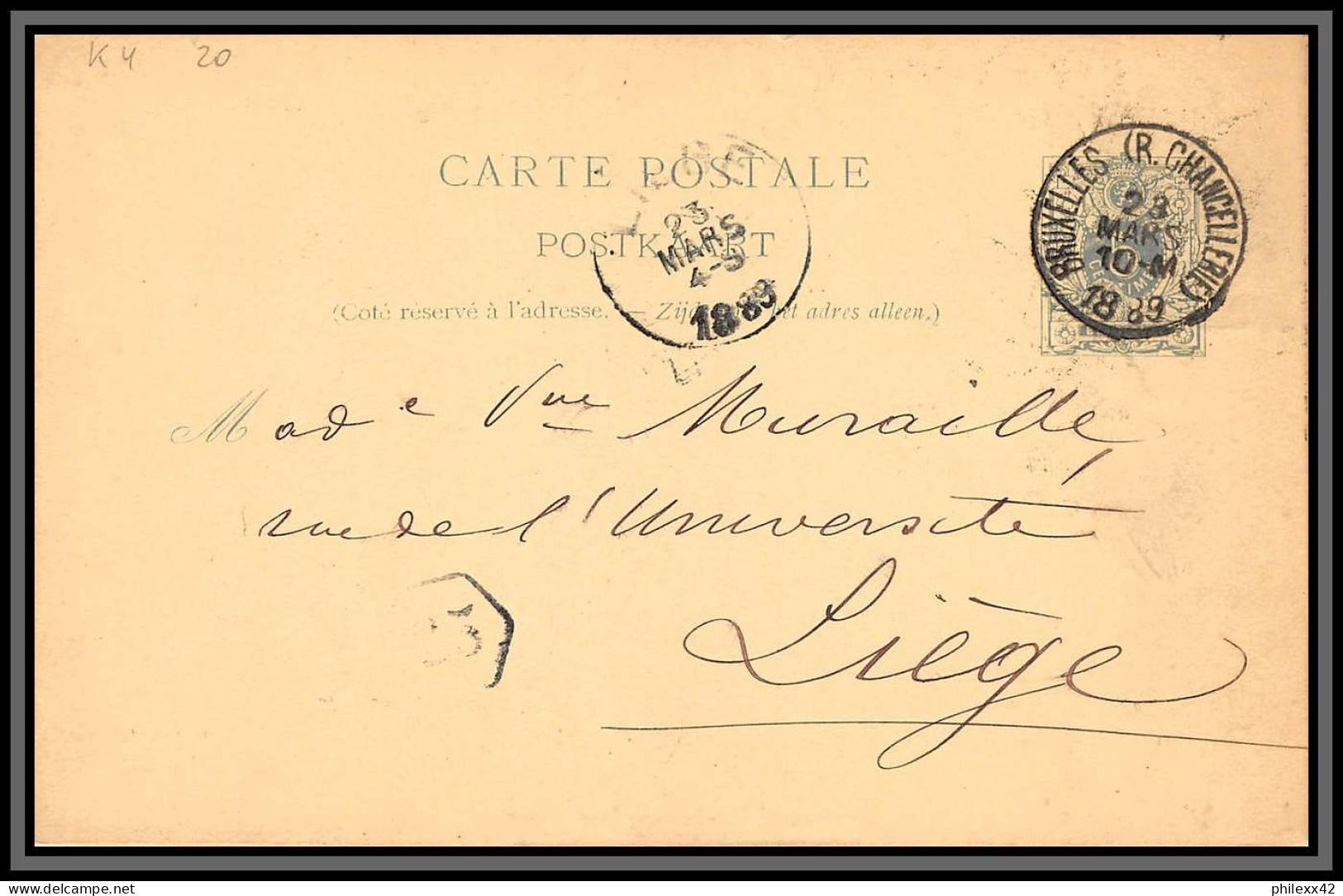 75520 N°19 Lion Couché 5c Bruxelles Chancellerie Liège Cachet 25 1889 Entier Postal Stationery Carte Postale Belgique - Postcards 1871-1909