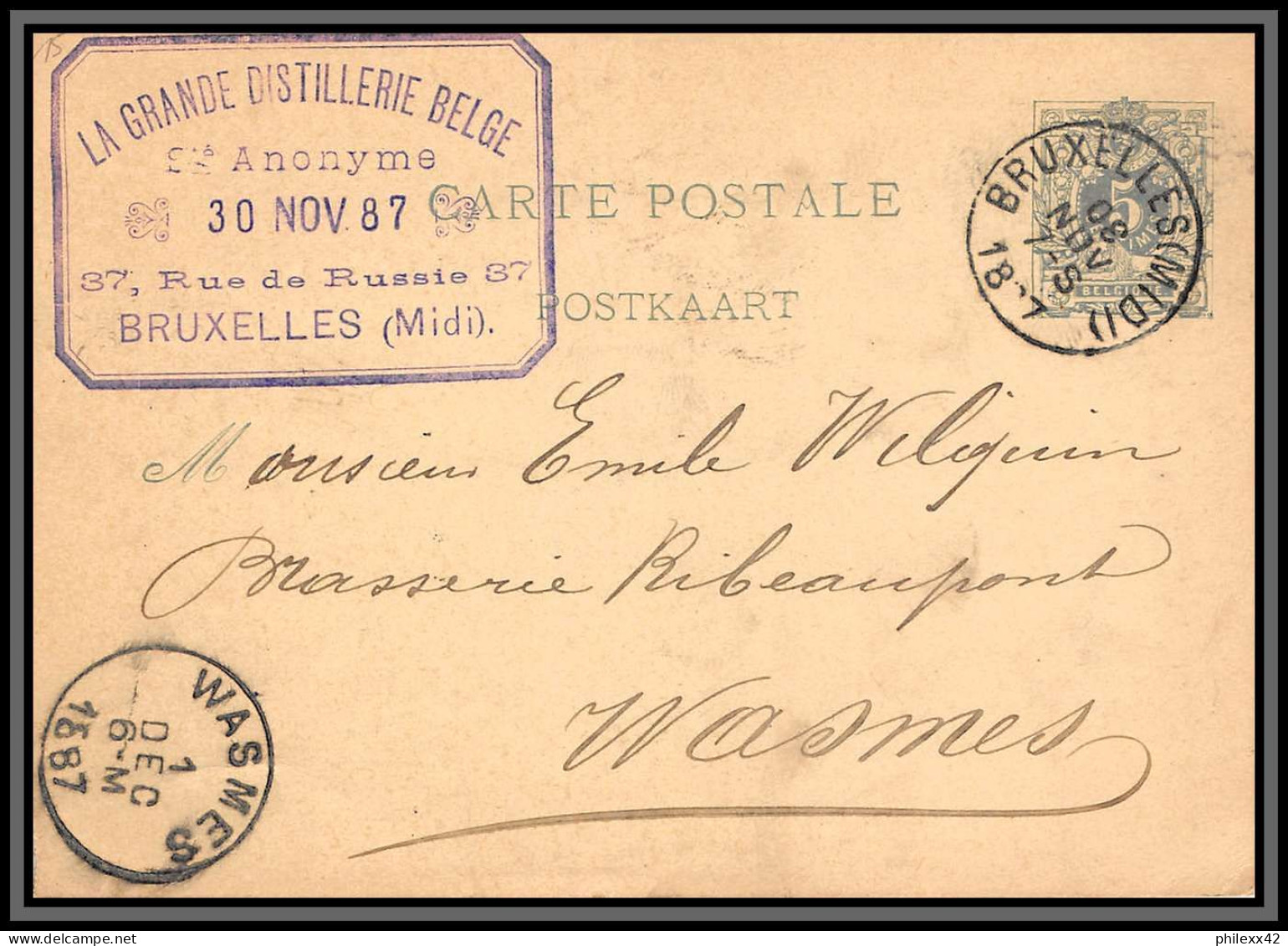 75514 N°19 Lion Couché 5c Vert Bruxelles Wasmes 1887 Entête Grande Distillerie Entier Postal Stationery Carte Belgique - Postcards 1871-1909