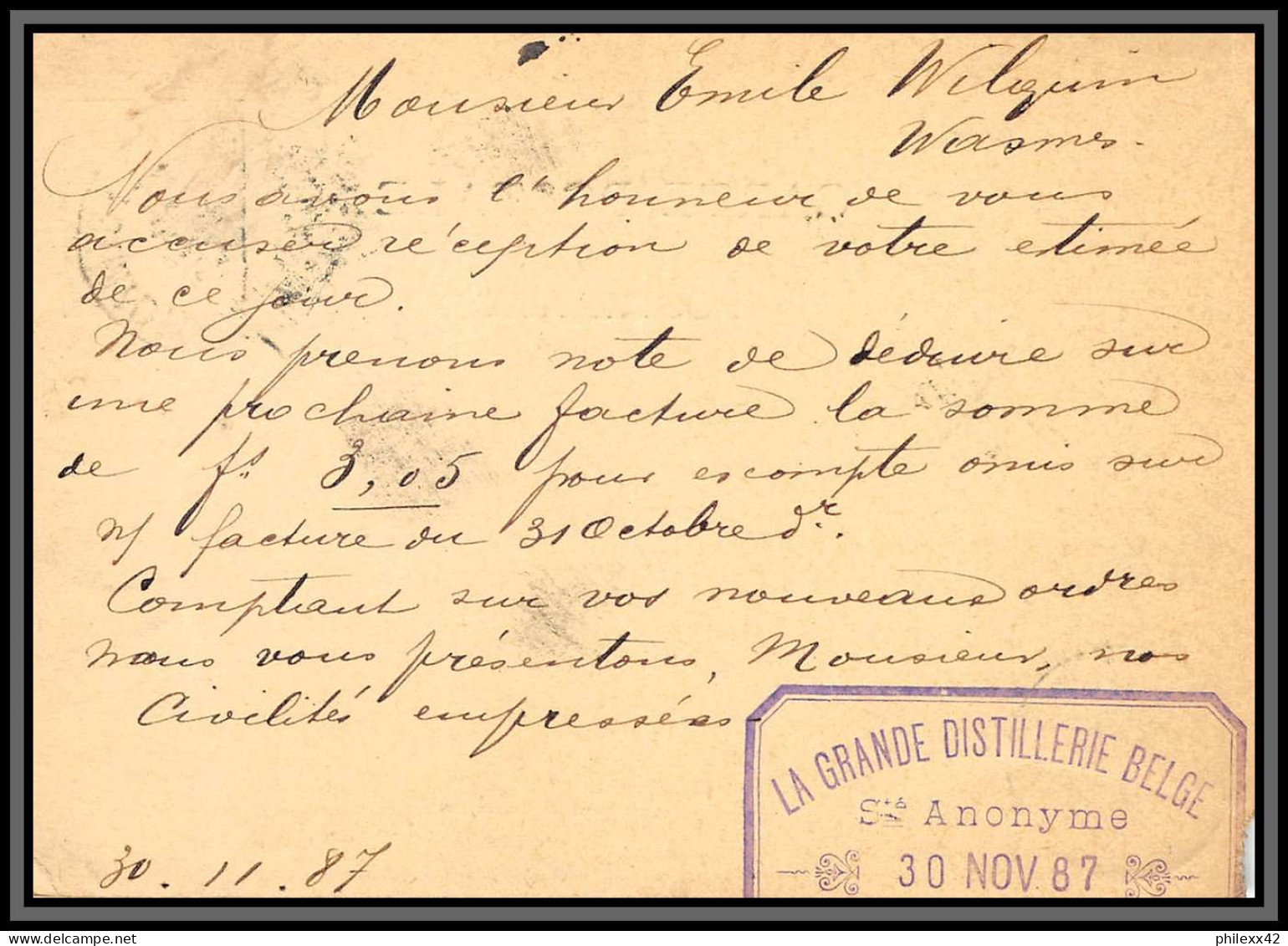 75514 N°19 Lion Couché 5c Vert Bruxelles Wasmes 1887 Entête Grande Distillerie Entier Postal Stationery Carte Belgique - Tarjetas 1871-1909