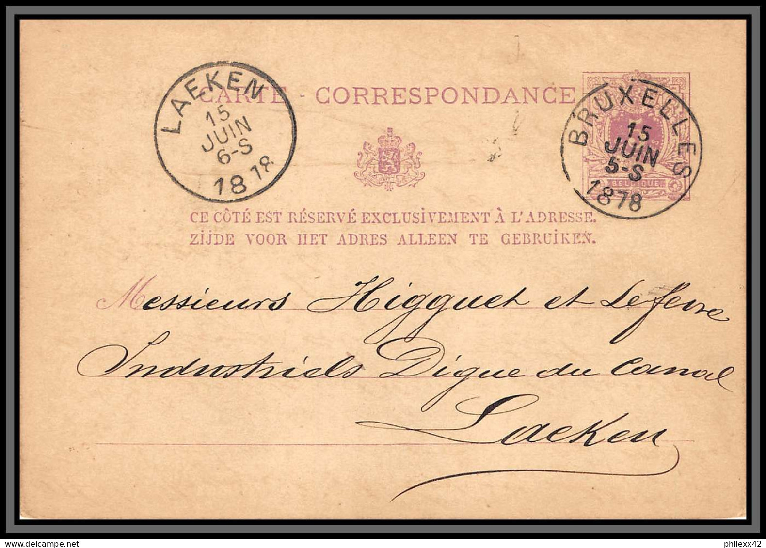 75509 N°10A Lion Couché 5c Violet Bruxelles Laeken 1878 Entier Postal Stationery Carte Postale Postcard Belgique - Postcards 1871-1909