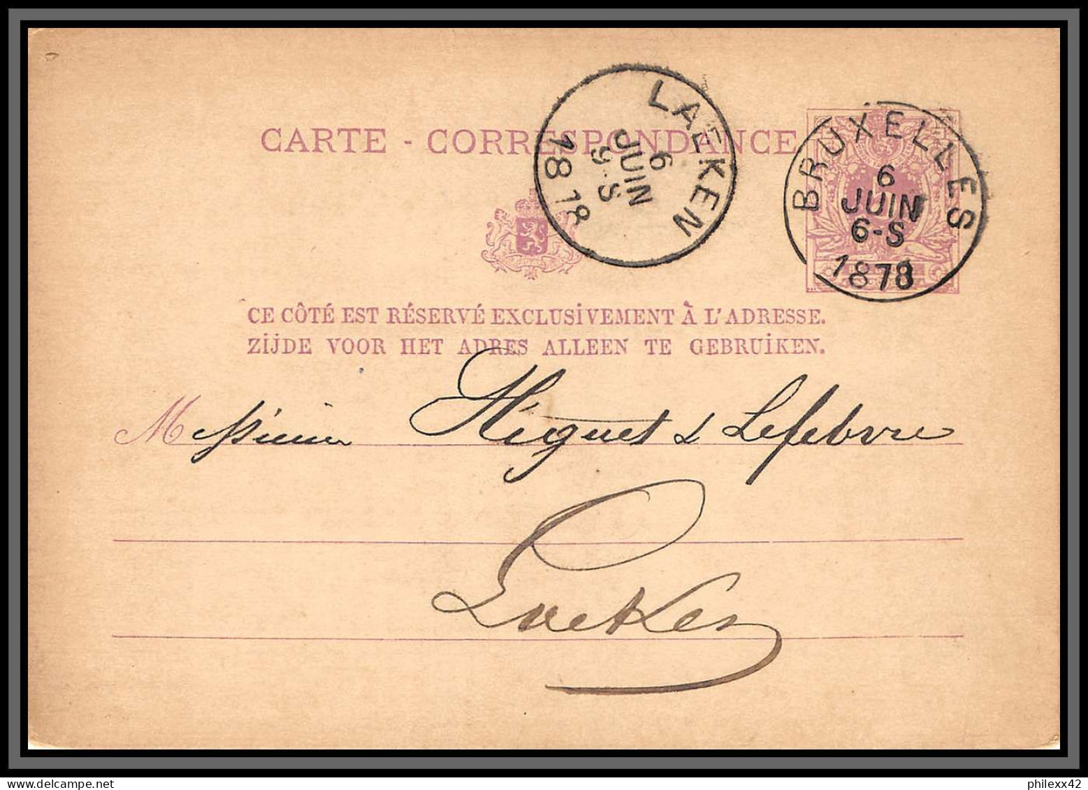 75502 N°10A Lion Couché 5c Violet Bruxelles Laeken 1878 Entier Postal Stationery Carte Postale Daguin Belgique - Tarjetas 1871-1909