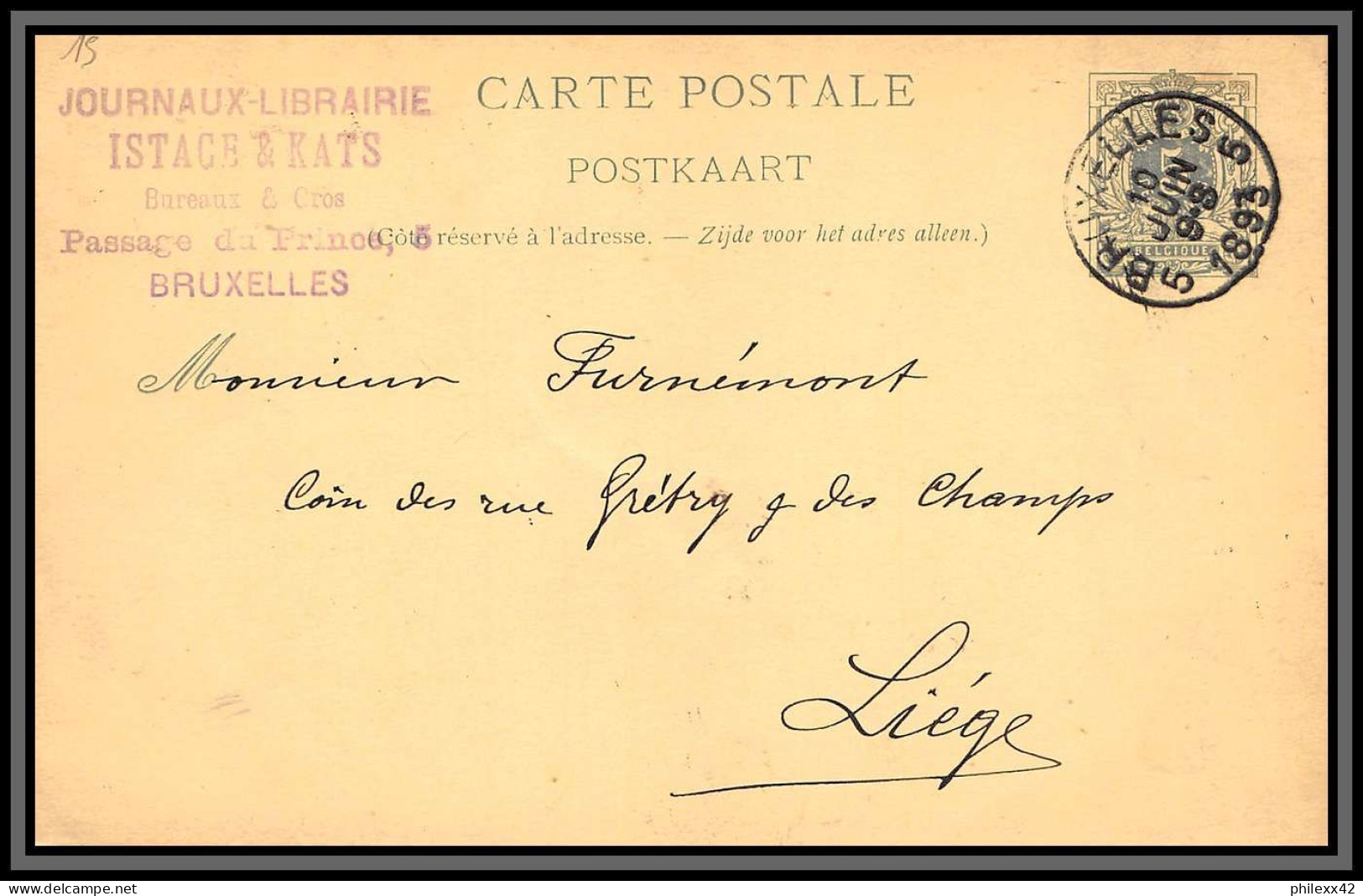 75526 N°19 Lion Couché 5c Vert Bruxelles Liège 1892 Entête Journaux Istace & Kats Entier Postal Stationery  Belgique - Postcards 1871-1909