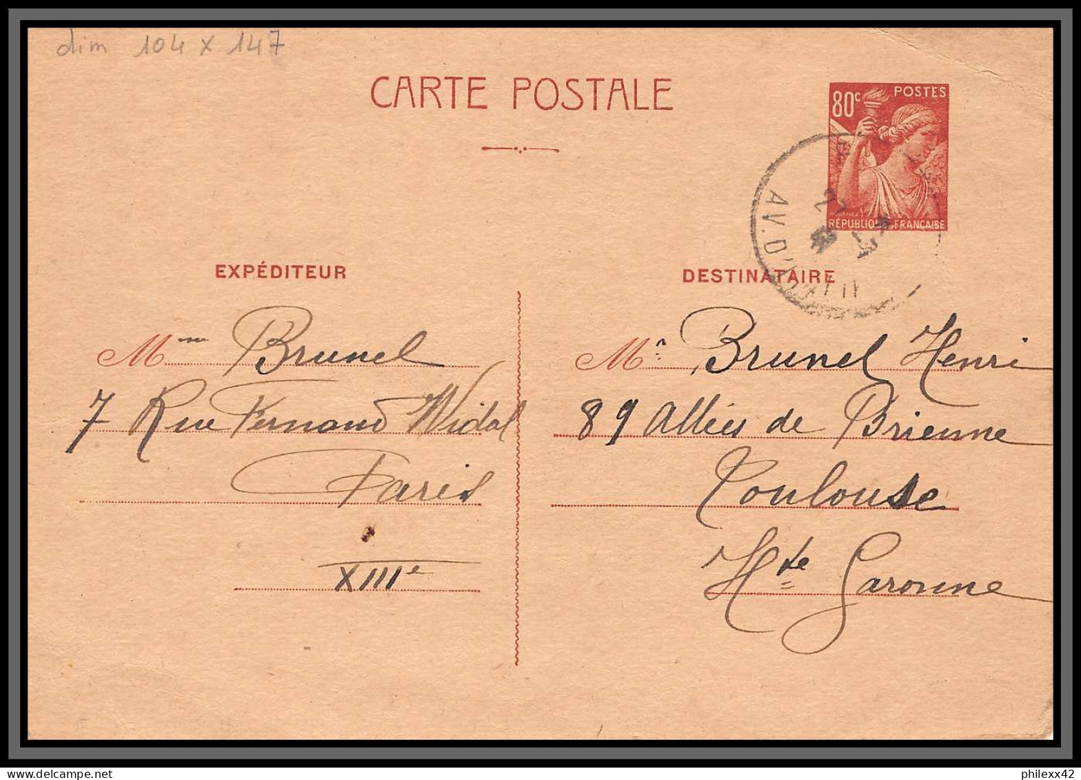 75177 80C Brun IRI A1 104 X 147 Cm Iris Paris Toulouse 1941 Entier Postal Stationery Carte Postale Postcard France - Standard Postcards & Stamped On Demand (before 1995)