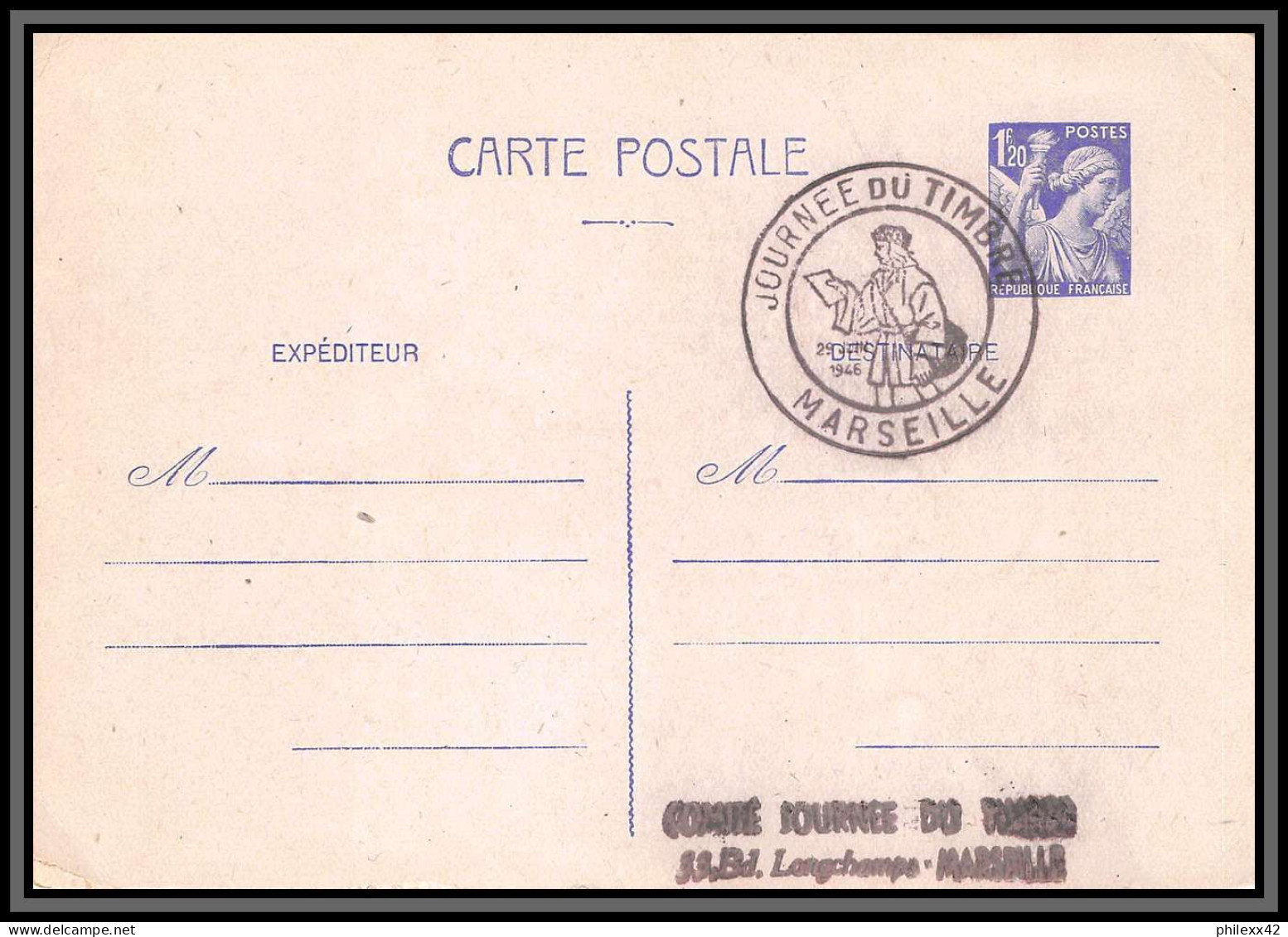 75185 1f20 Violet IRI C2 Iris Journée Du Timbre Marseille 1946 Entier Postal Stationery Carte Postale Postcard France - Standard Postcards & Stamped On Demand (before 1995)