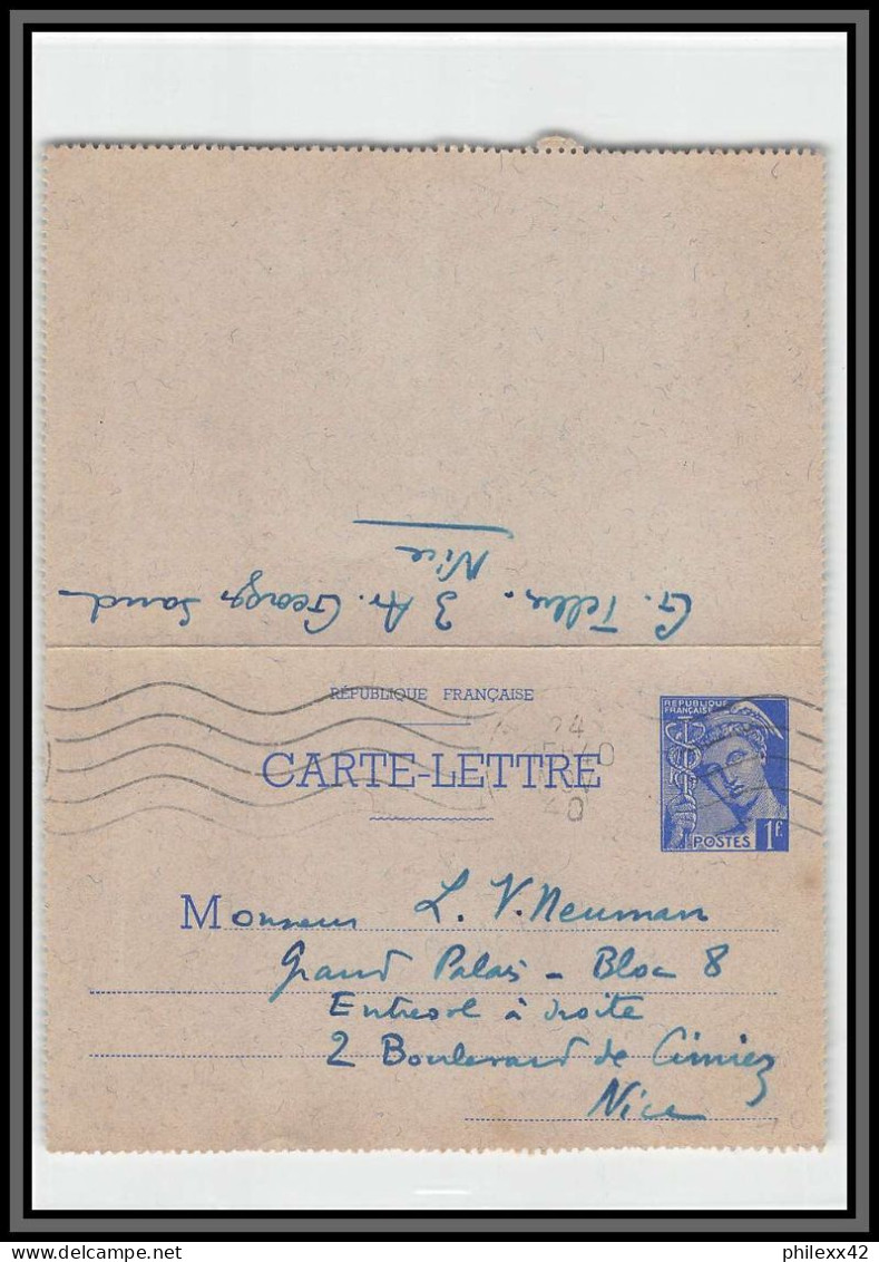 75169 1F Bleu MEC B1 Nice 1940 Mercure Entier Postal Stationery Carte Lettre France - Tarjetas Cartas