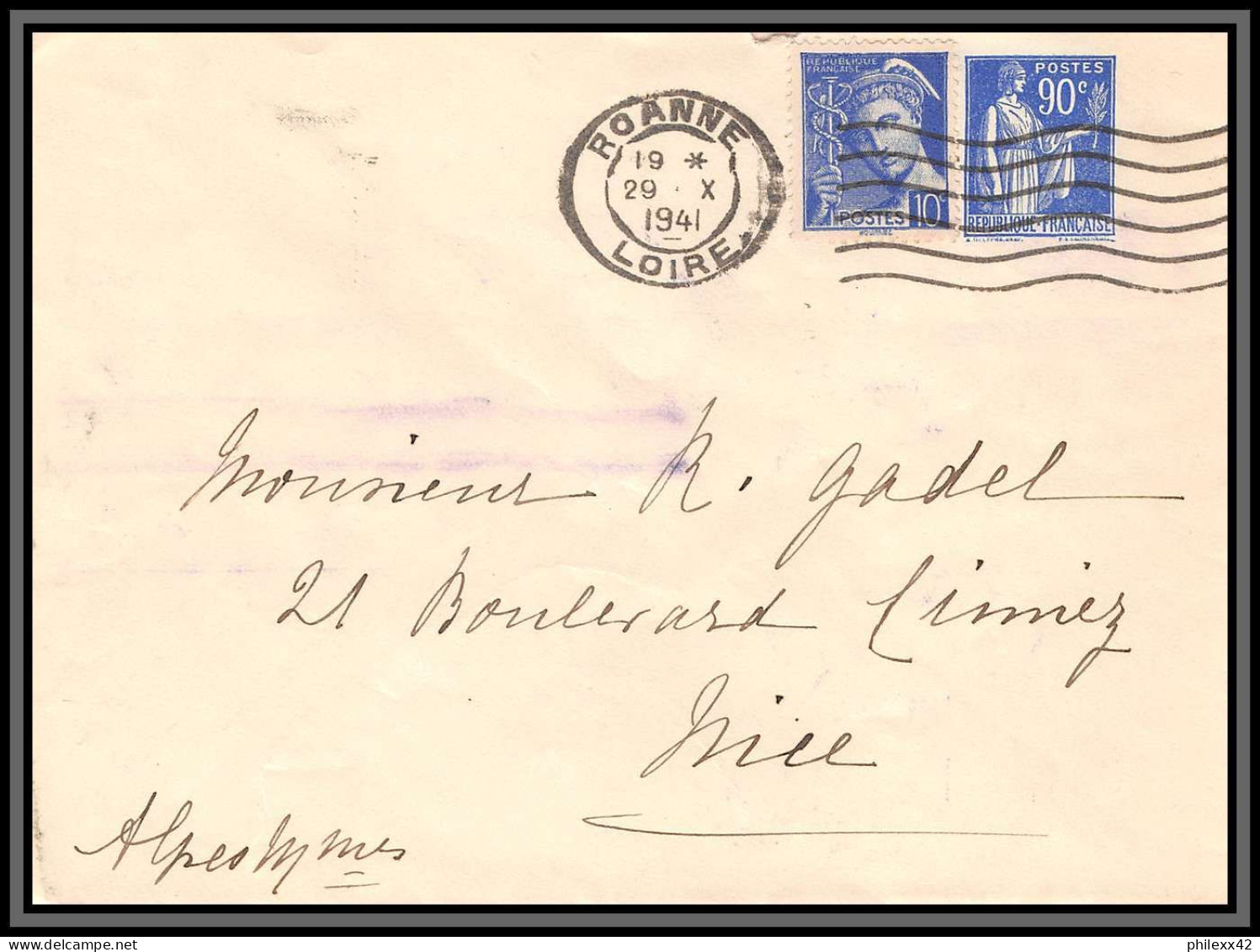 75161 90c Bleu PAI F3 Roanne Loire 1941 147x112 Paix Entier Postal Stationery Enveloppe France - Standard Covers & Stamped On Demand (before 1995)