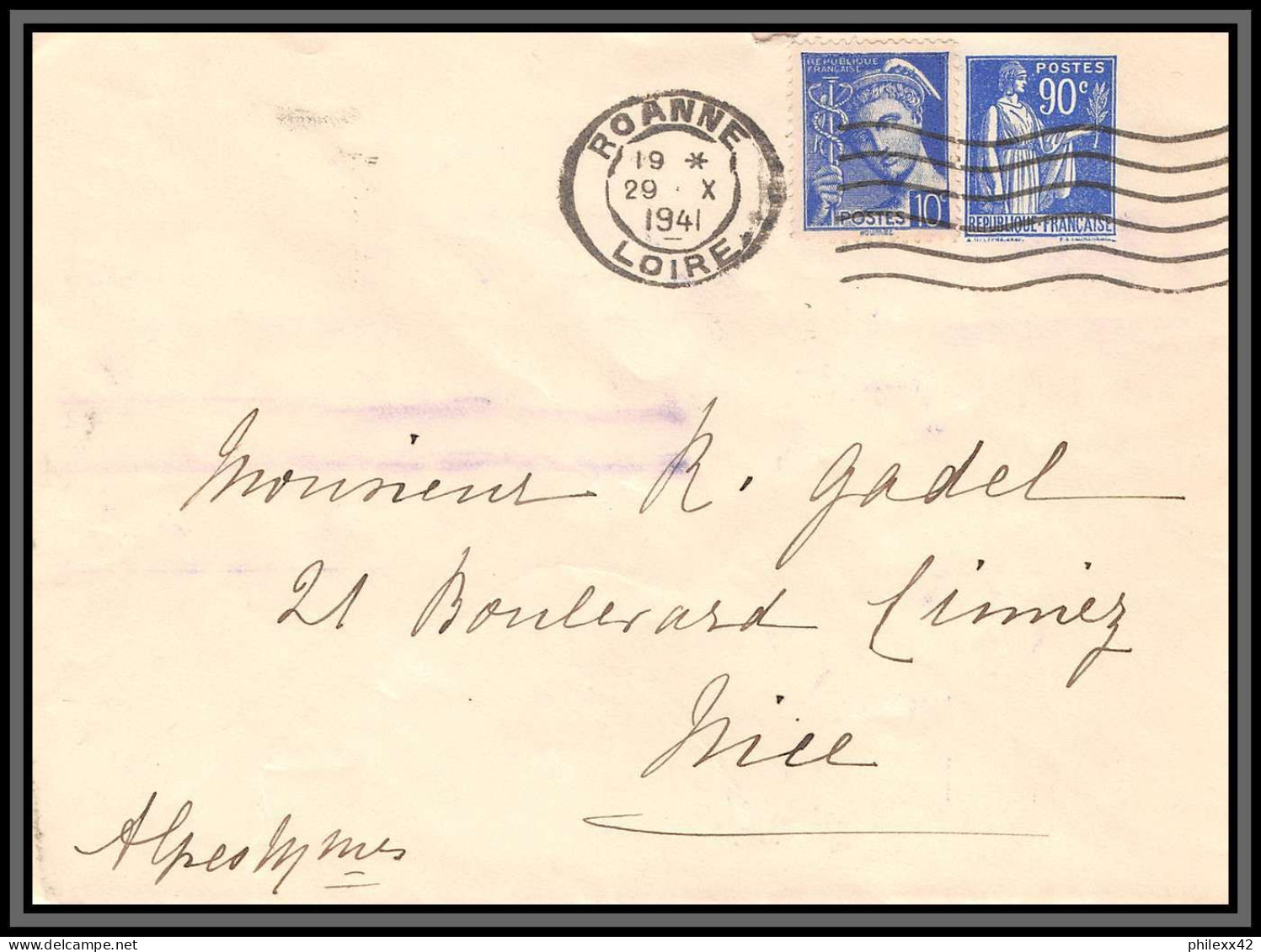 75161 90c Bleu PAI F3 Roanne Loire 1941 147x112 Paix Entier Postal Stationery Enveloppe France - Standard- Und TSC-Briefe (vor 1995)