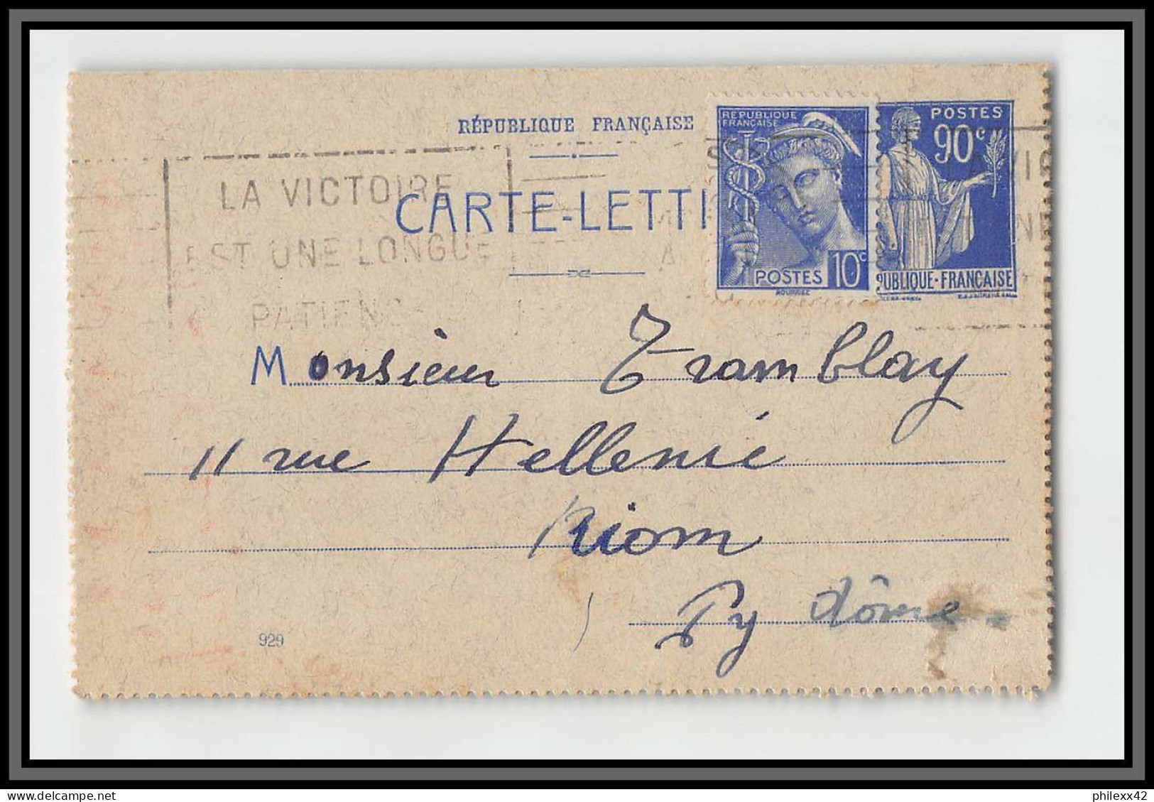 75160 90c Bleu PAI F2 Date 929 Krag Paris Riom 1940 Paix Entier Postal Stationery Carte Lettre France - Cartes-lettres