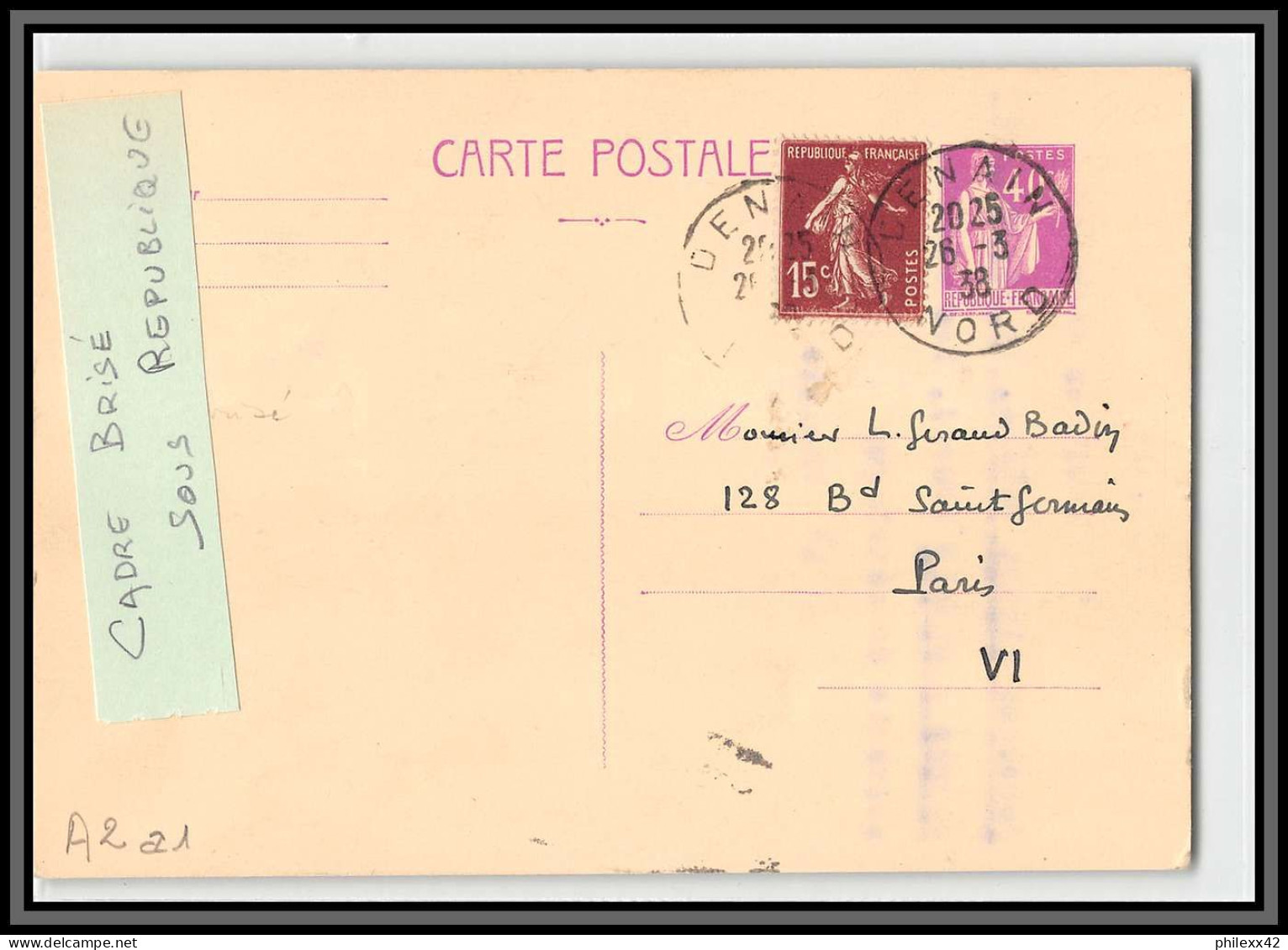 75147 40c Lilas PAI A2 A1 Cadre Brisé Sous République Denain 1938 Paix Entier Postal Stationery Carte Postale Postcard - Standard- Und TSC-AK (vor 1995)