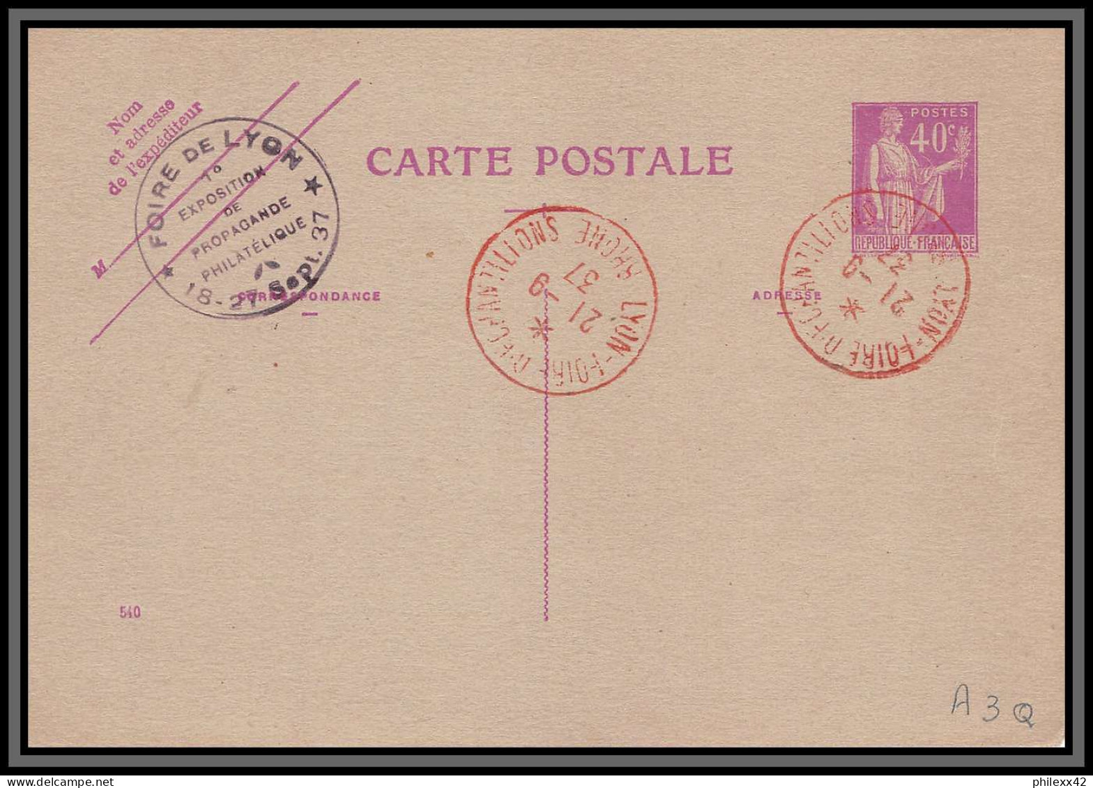 75150 40c Lilas PAI A3q Crème Exposition De Lyon 1937 Vignette Paix Entier Postal Stationery Carte Postale Repiquage - Cartes Postales Repiquages (avant 1995)