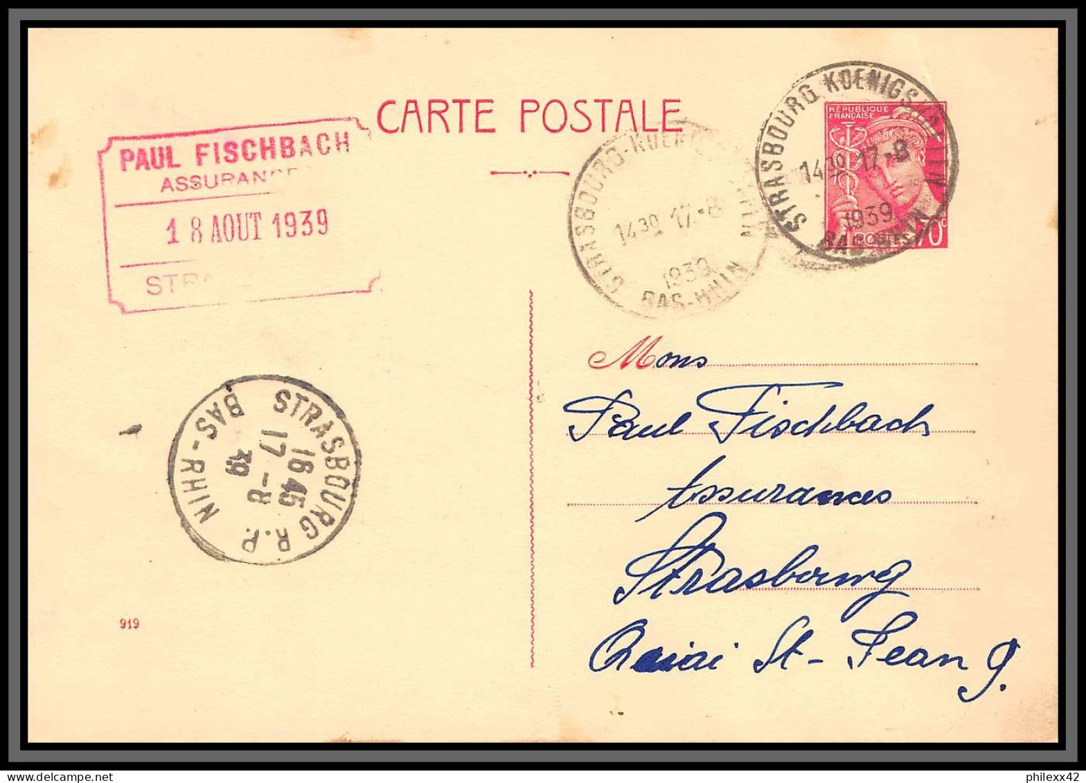 75168 70c Rose MEC A1 Date 919 Strasbourg 1939 Mercure Entier Postal Stationery Carte Postale Postcard France - Cartes Postales Types Et TSC (avant 1995)