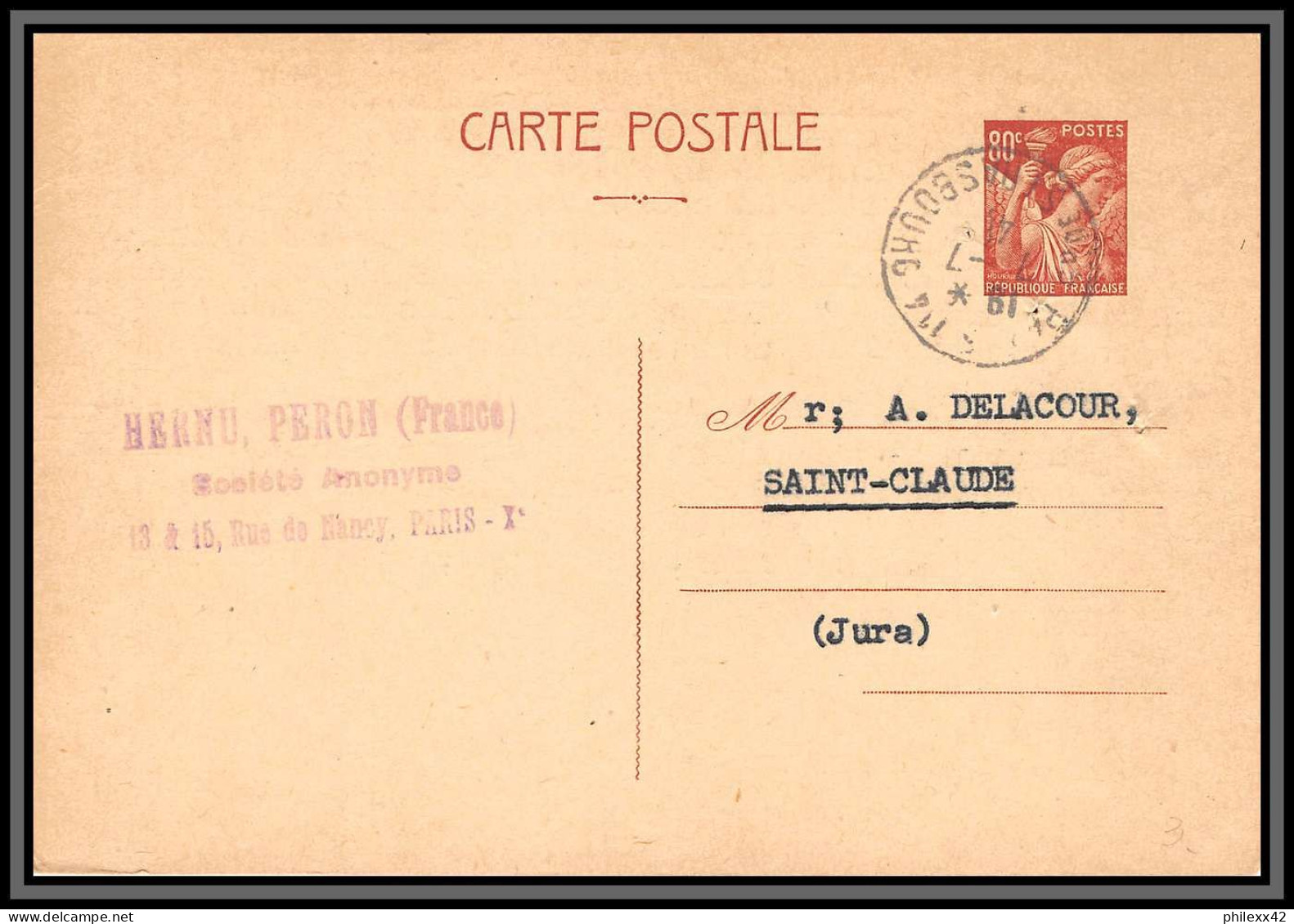 75176 80C Brun IRI A Iris Hernu Peron Paris Saint Claude Jura 1941 Entier Postal Stationery Carte Postale Postcard  - Postales Tipos Y (antes De 1995)
