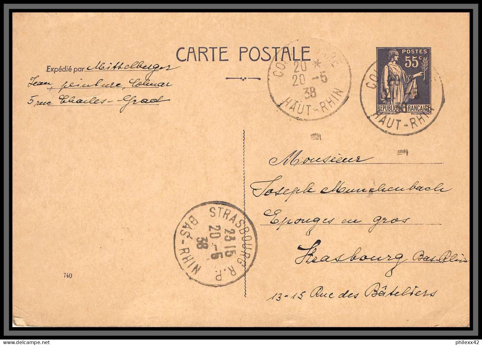 75157 55c Violet PAI C1 Date 740 Colmar Gare 1938 Paix Entier Postal Stationery Carte Postale Postcard France - Cartes Postales Types Et TSC (avant 1995)