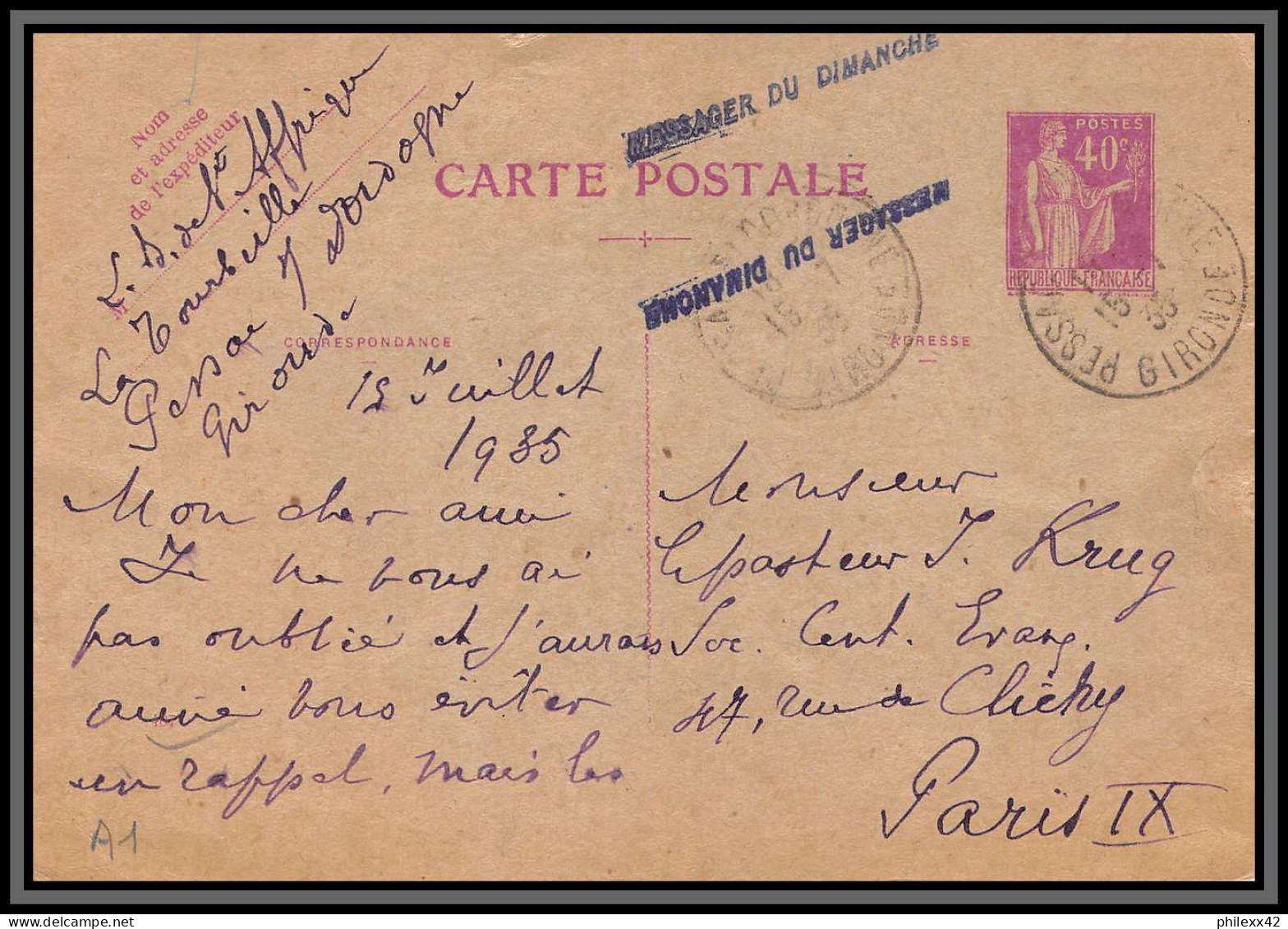 75143 40c Lilas PAI A1 Paix Messager Du Dimanche 1935 Entier Postal Stationery Carte Postale Postcard Pessac Gironde - Standard Postcards & Stamped On Demand (before 1995)