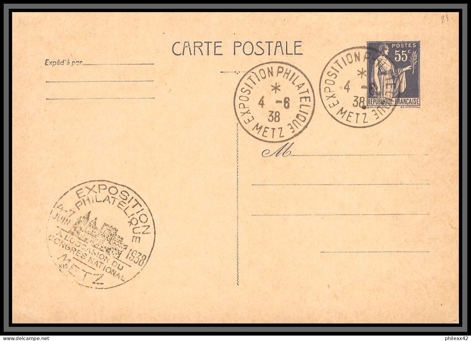 75158 55c Violet PAI C2a Paix Exposition Metz 1938 Entier Postal Stationery Carte Postale Postcard France - Postales Tipos Y (antes De 1995)