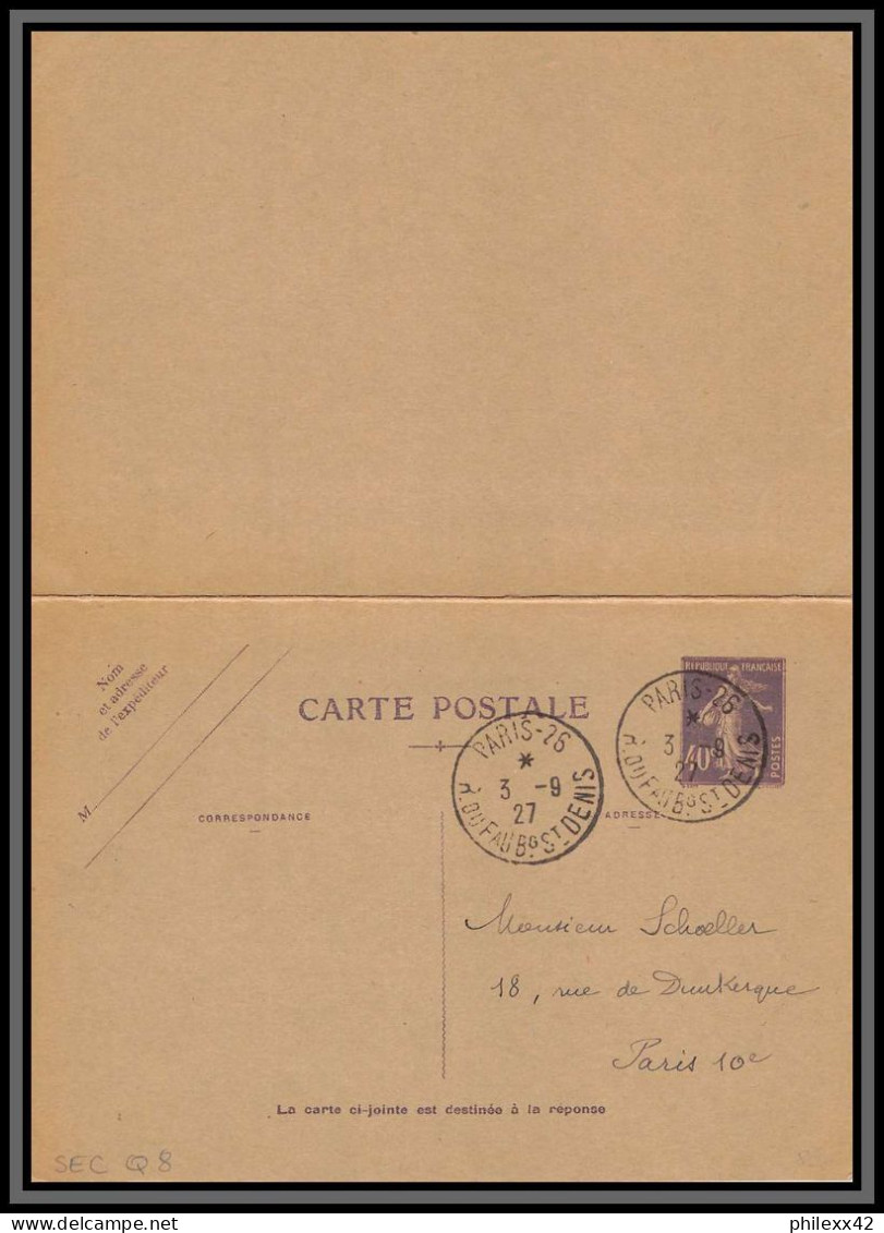 75131 40c Violet SEC Q8 Avec Reponse Payée Paris 1927 Semeuse Entier Postal Stationery Carte Postale Postcard France - Postales Tipos Y (antes De 1995)