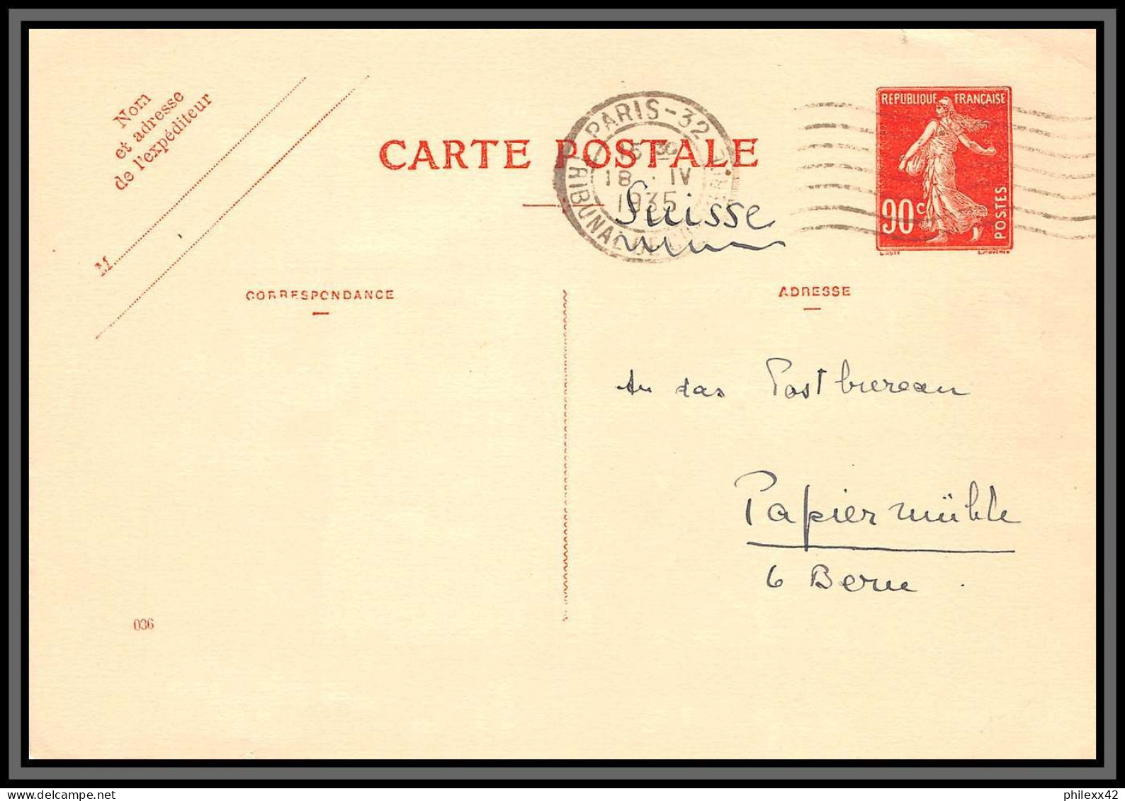 75132 90c Rouge SEC T1 Date 036 Paris 1935 Pour La Suisse Semeuse Entier Postal Stationery Carte Postale Postcard France - Postales Tipos Y (antes De 1995)