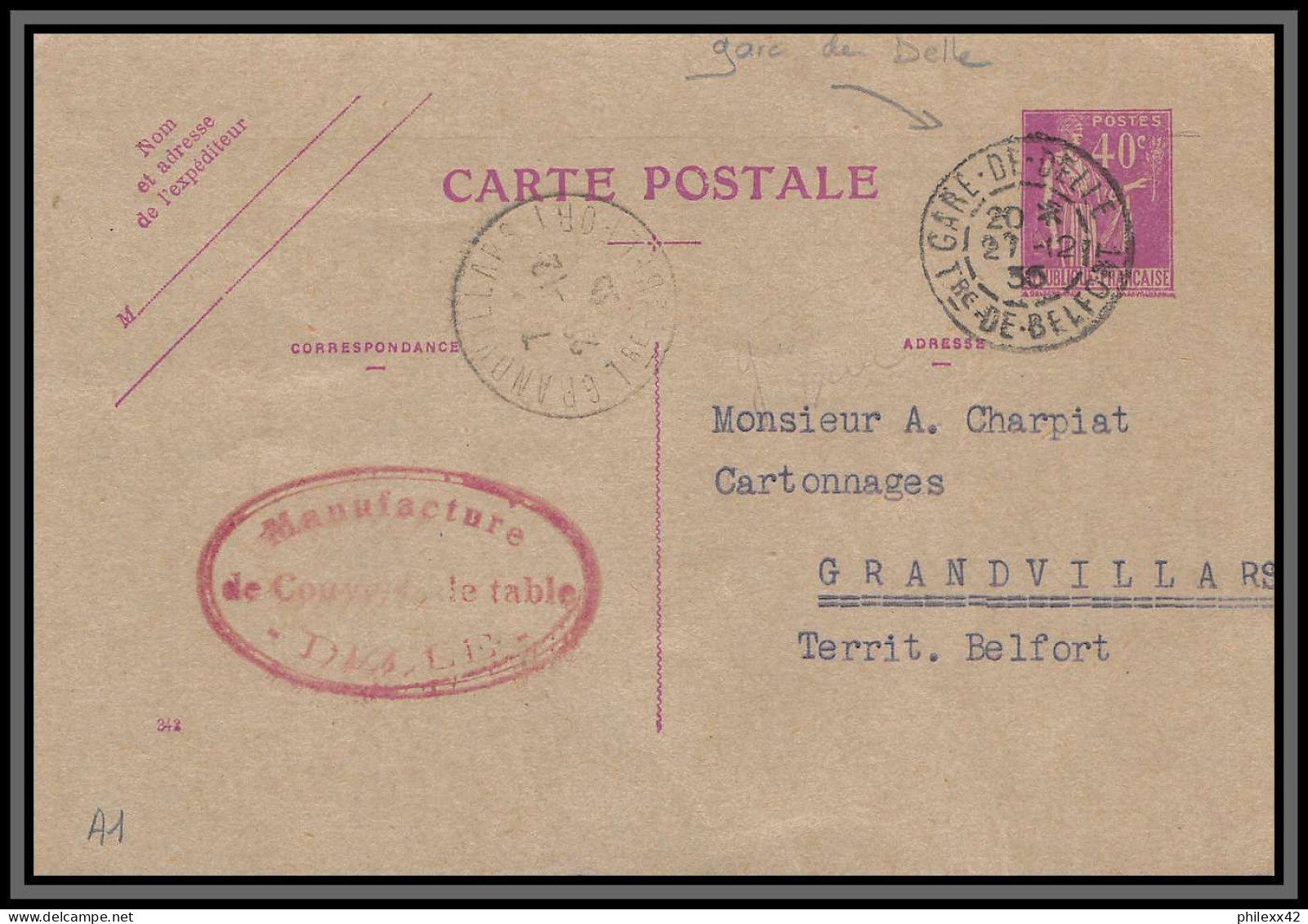 75142 40c Lilas PAI A1 Paix Cad Gare De Delle 1935 Entier Postal Stationery Carte Postale Postcard France - Standard Postcards & Stamped On Demand (before 1995)