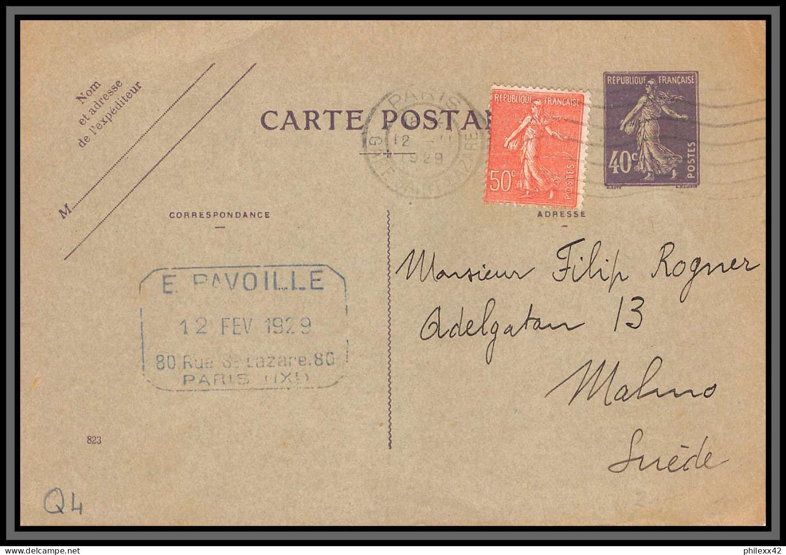 75126 40c Violet SEC Q4 Date 823 + Complément Malmo Suède Sweden Semeuse Entier Postal Stationery Carte Postale Postcard - Standard Postcards & Stamped On Demand (before 1995)