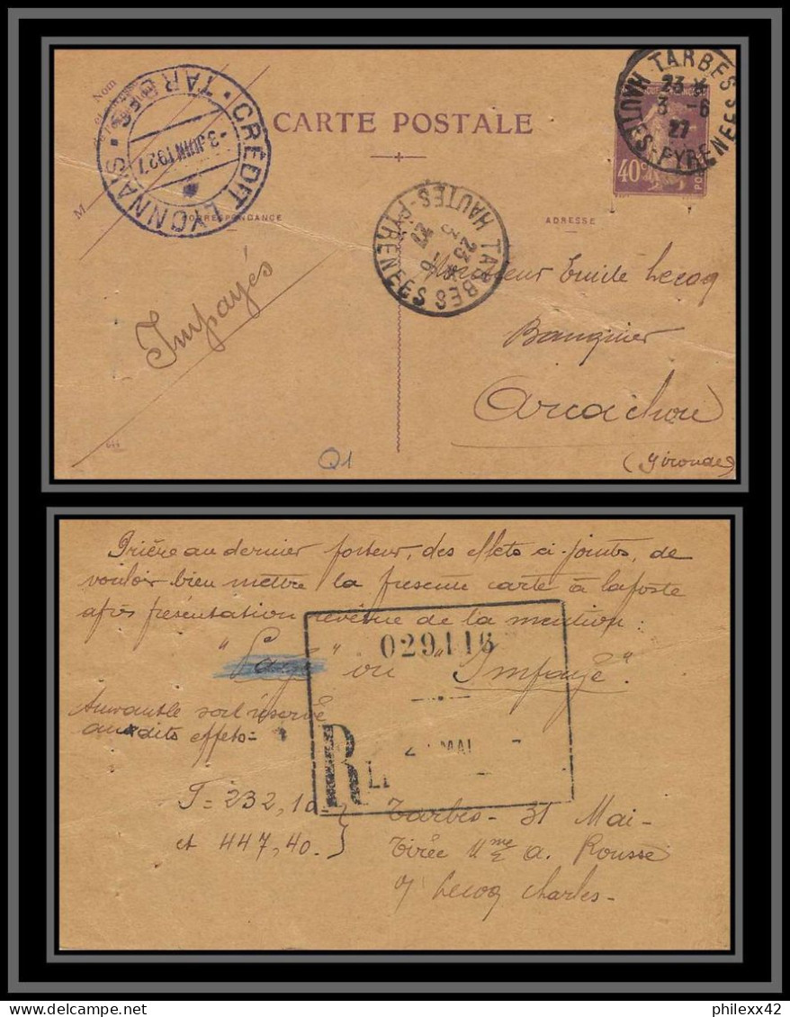 75127 40c Violet SEC Q1 Date 644 Recommandé Tarbes Arcachon 1927 Semeuse Entier Postal Stationery Carte Postale Postcard - Postales Tipos Y (antes De 1995)