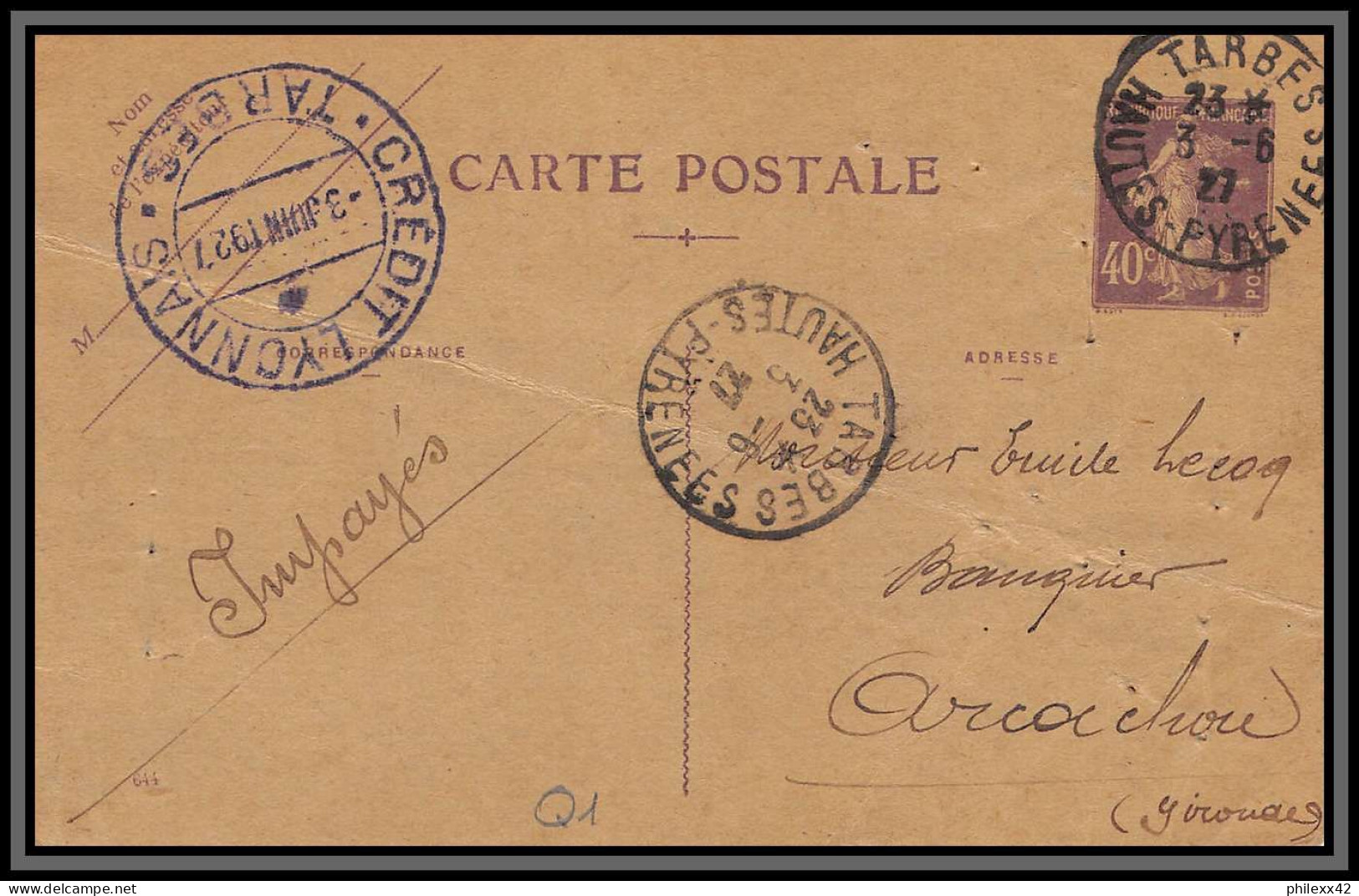 75127 40c Violet SEC Q1 Date 644 Recommandé Tarbes Arcachon 1927 Semeuse Entier Postal Stationery Carte Postale Postcard - Postales Tipos Y (antes De 1995)