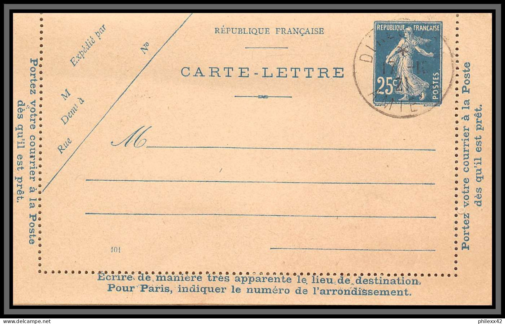 75104 25c Bleu SEC J1 Date 101 1921 Arrivée Ailly Sur Somme Semeuse Entier Postal Stationery Carte Lettre France - Cartes-lettres