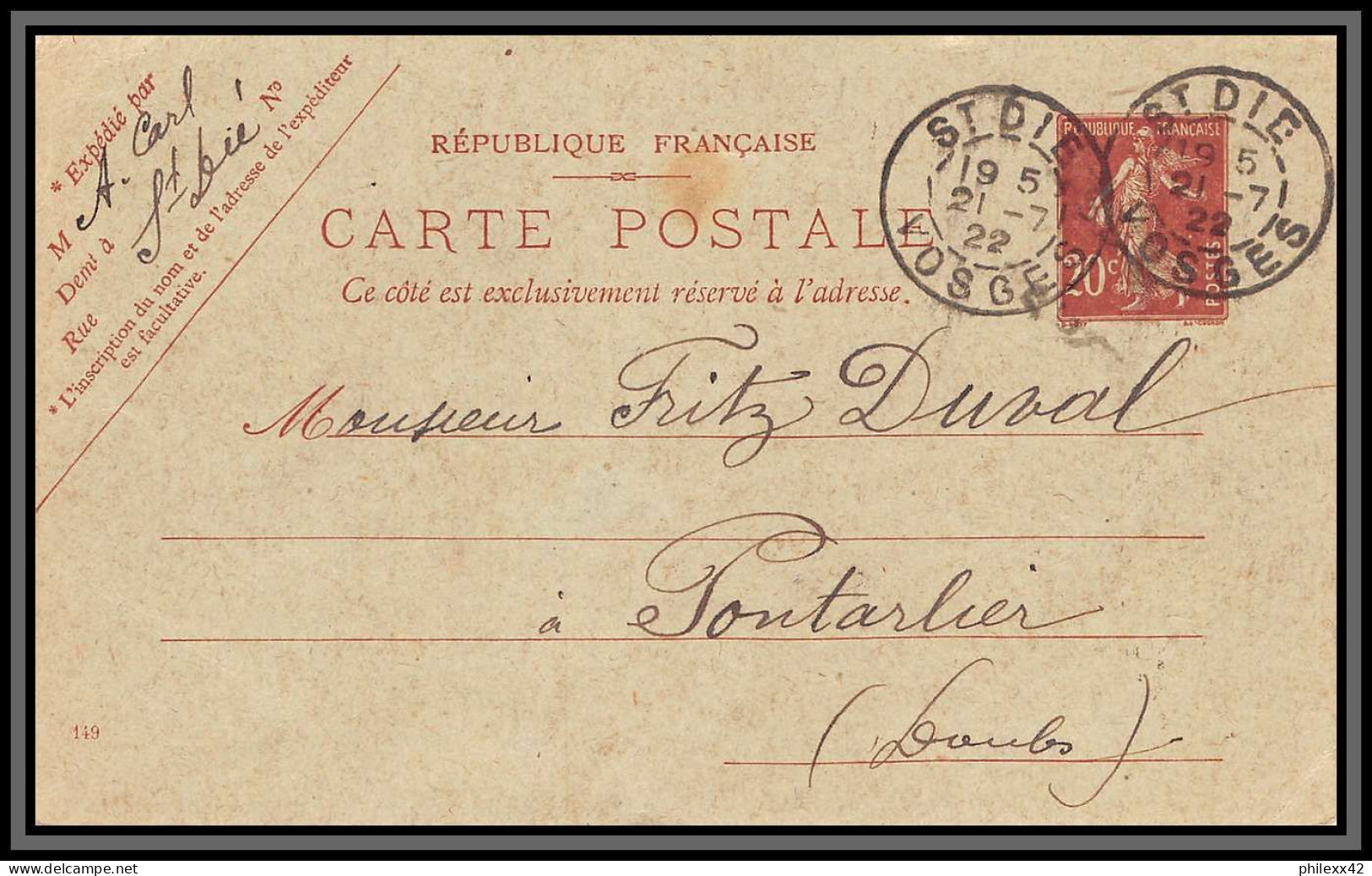 75099 20c Brun SEC H1 Date 149 St Die Vosges 1922 Semeuse Entier Postal Stationery Carte Postale Postcard France - Cartes Postales Types Et TSC (avant 1995)