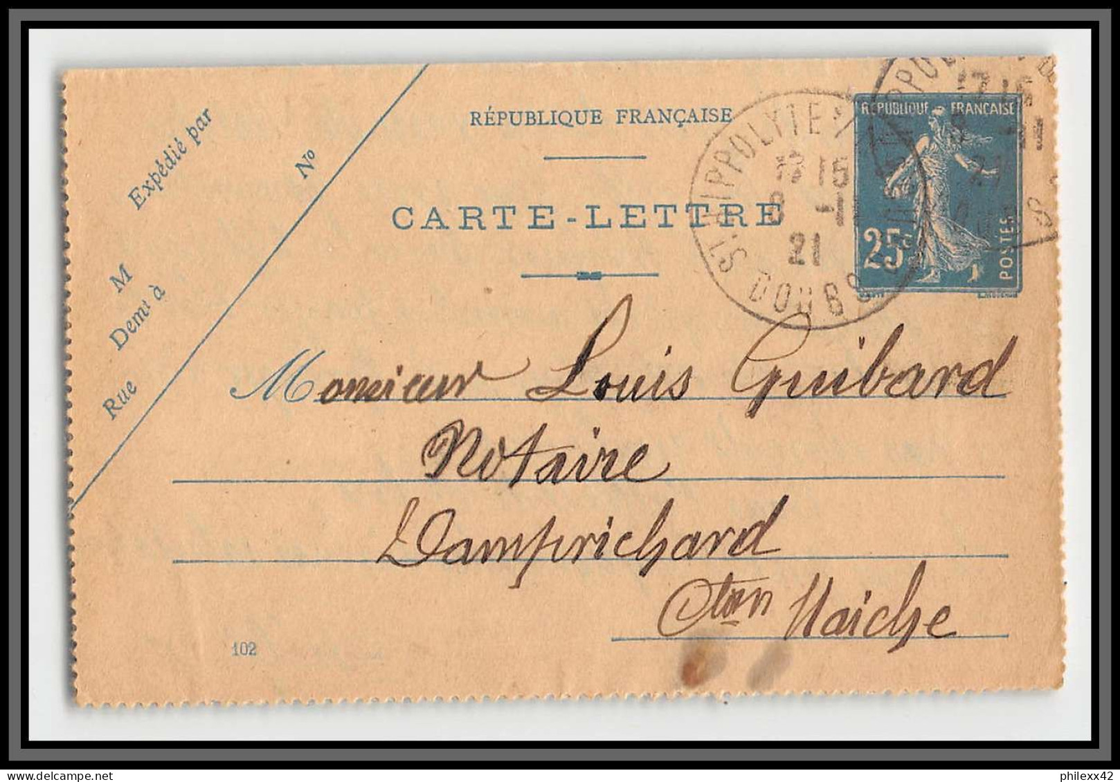 75106 25c Bleu SEC J1 Date 102 Saint-Hippolyte Doubs 1921 Semeuse Entier Postal Stationery Carte Lettre France - Kaartbrieven