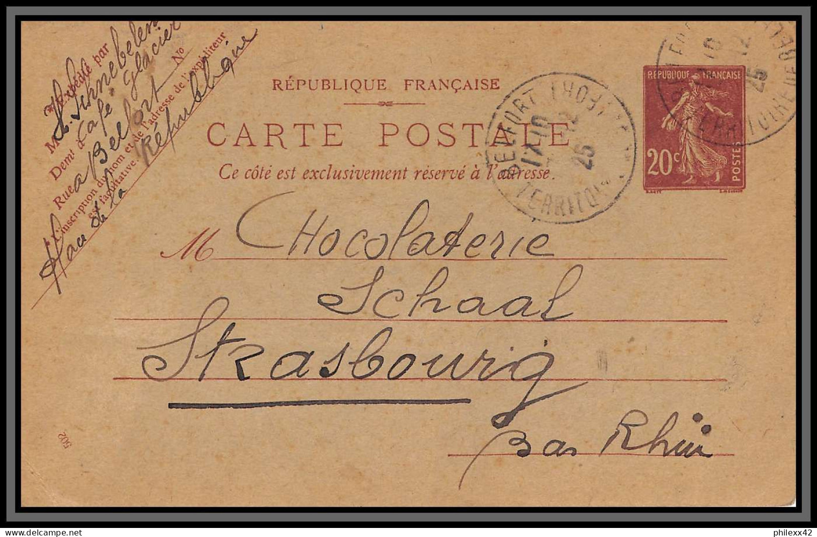 75098 20c Brun SEC H1b Date 502 Oblique Belfort 1925 Semeuse Entier Postal Stationery Carte Postale Postcard France - Postales Tipos Y (antes De 1995)