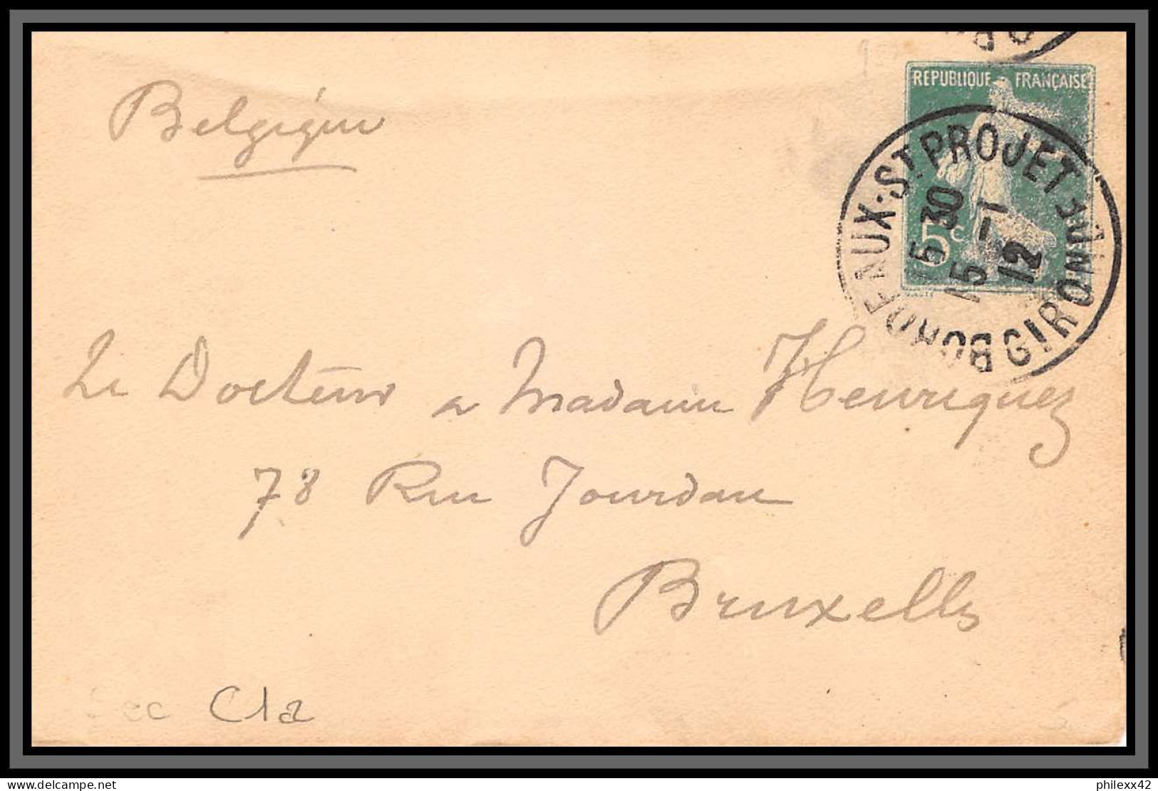 75094 5c Vert Camée SEC C1a Bordeaux Projet Bruxelle 1912 Semeuse Entier Postal Stationery Enveloppe France - Standard- Und TSC-Briefe (vor 1995)