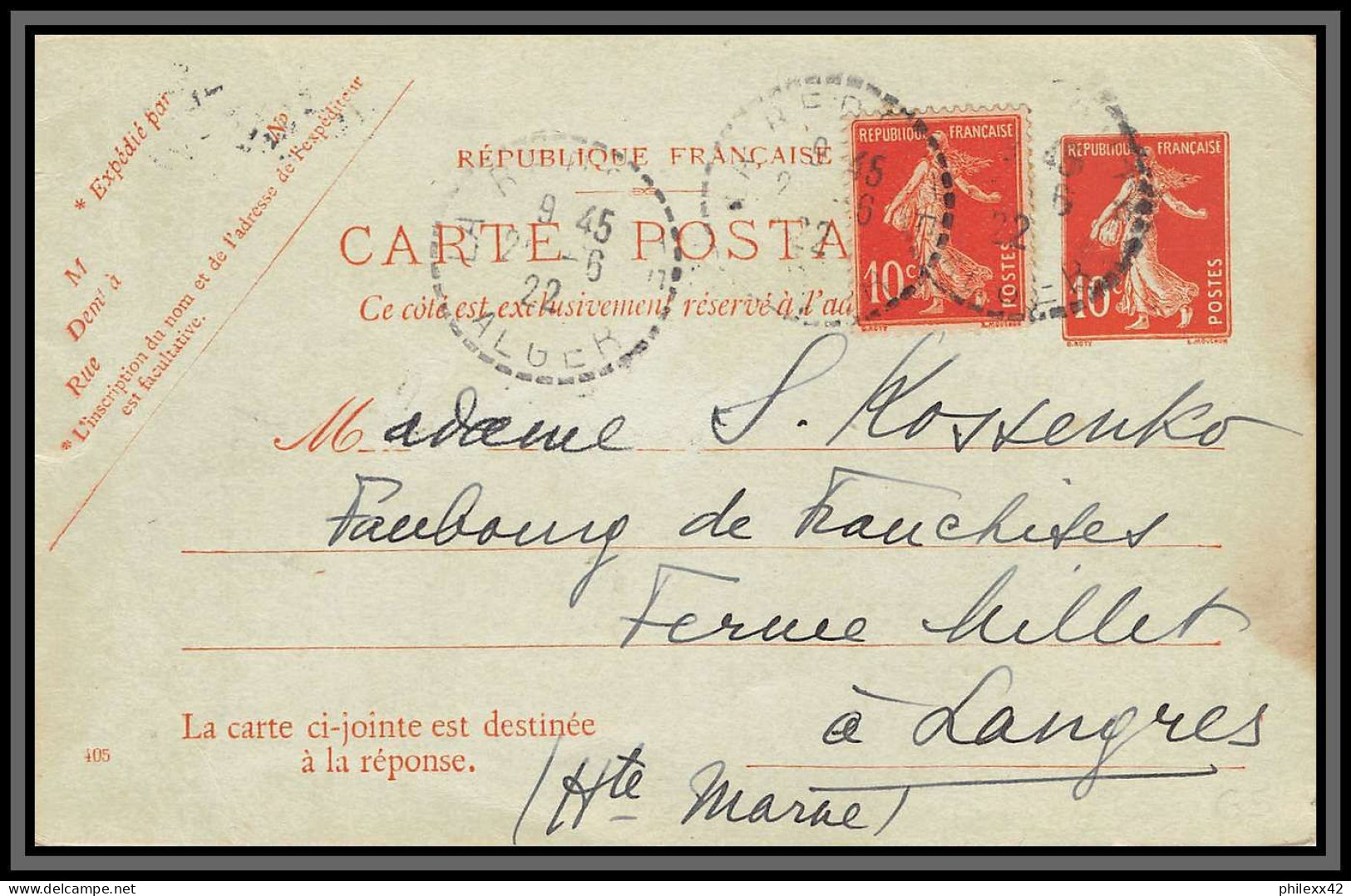 75071 10c Rouge Camée SEC E Semeuse + Complèment Algerie 1922 Langres Ferme Entier Postal Carte Postale Postcard France - Postales Tipos Y (antes De 1995)