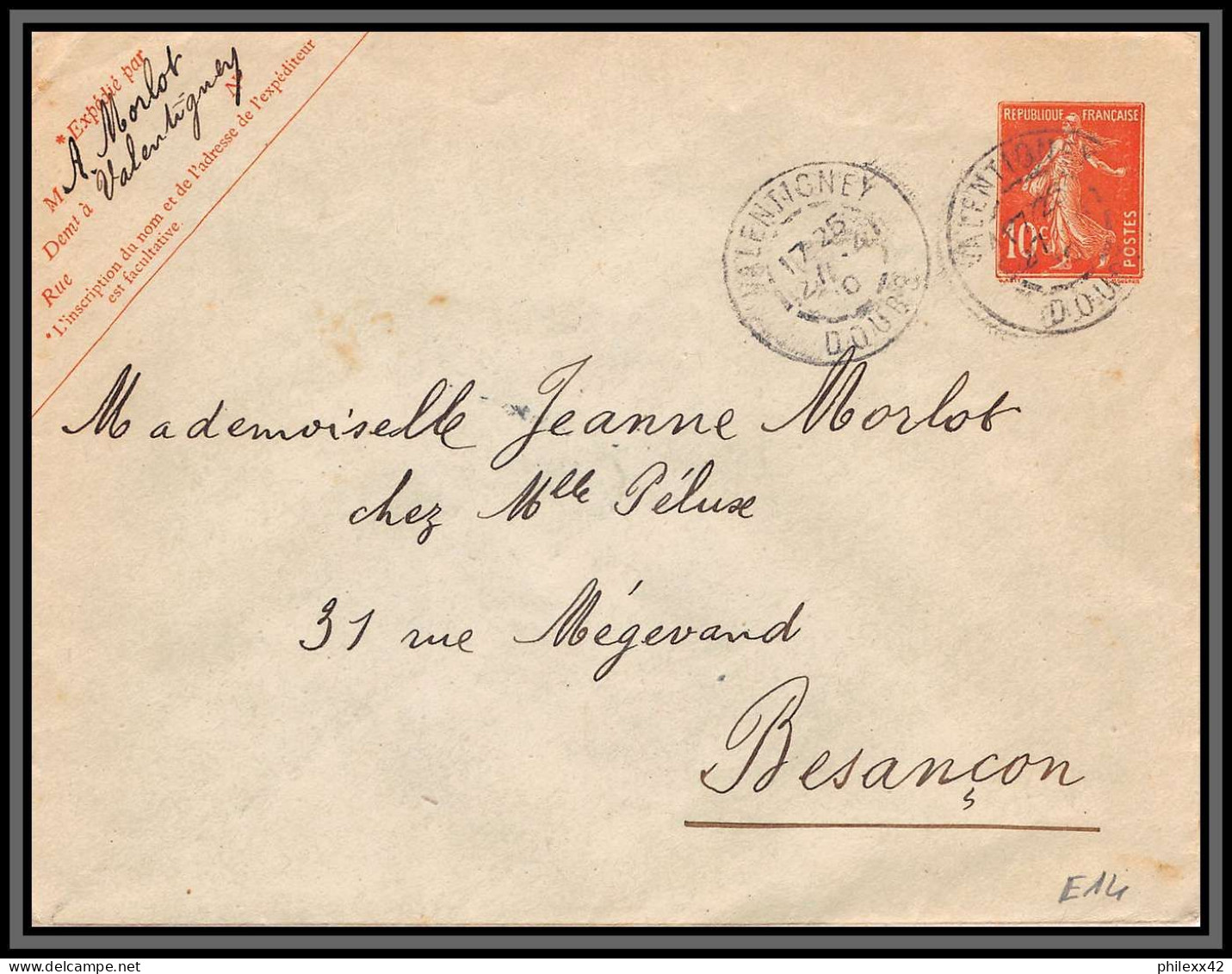 75089 10c Rouge Camée SEC E14 123x96 Valentigney Doubs Date 728 Semeuse Entier Postal Stationery Enveloppe France 1910 - Standard Covers & Stamped On Demand (before 1995)