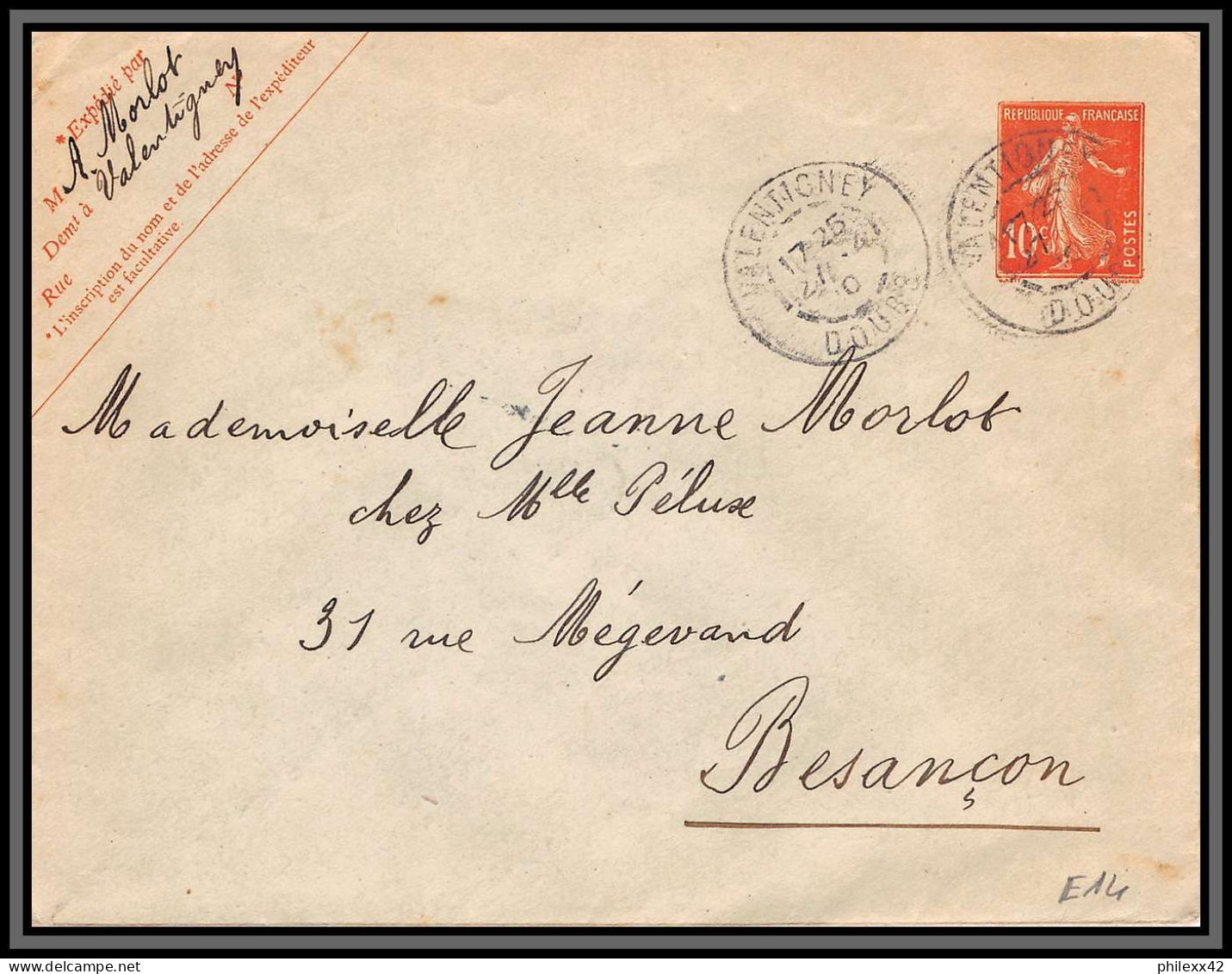 75089 10c Rouge Camée SEC E14 123x96 Valentigney Doubs Date 728 Semeuse Entier Postal Stationery Enveloppe France 1910 - Standaardomslagen En TSC (Voor 1995)