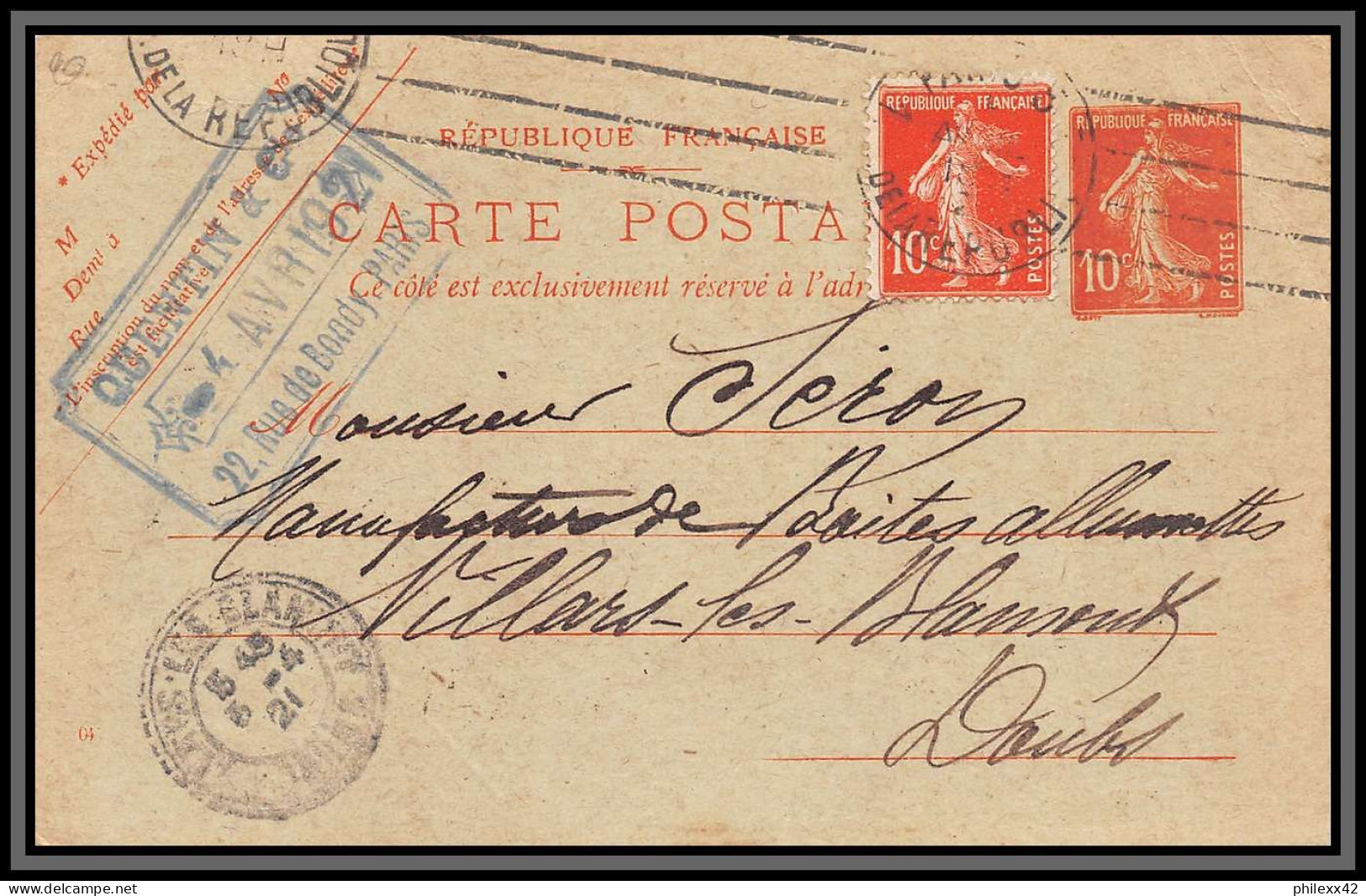 75075 10c Rouge Camée SEC E Villers Les Blamont 1921 Semeuse + Complément Entier Postal Carte Postale Postcard France - Standaardpostkaarten En TSC (Voor 1995)