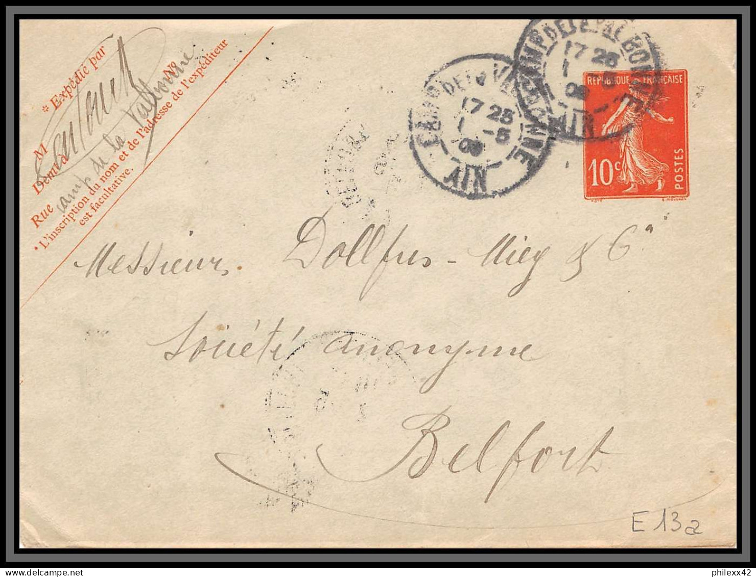 75069 10c Rouge Camée SEC E13a Sans Date Camp De La Valbonne 1909 Semeuse Entier Postal Stationery Enveloppe France - Standaardomslagen En TSC (Voor 1995)