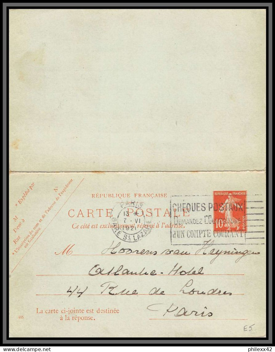 75072 10c Rouge Camée SEC E5 Avec Réponse Date 405 Semeuse 1921 Entier Postal Stationery Carte Postale Postcard France - Standaardpostkaarten En TSC (Voor 1995)