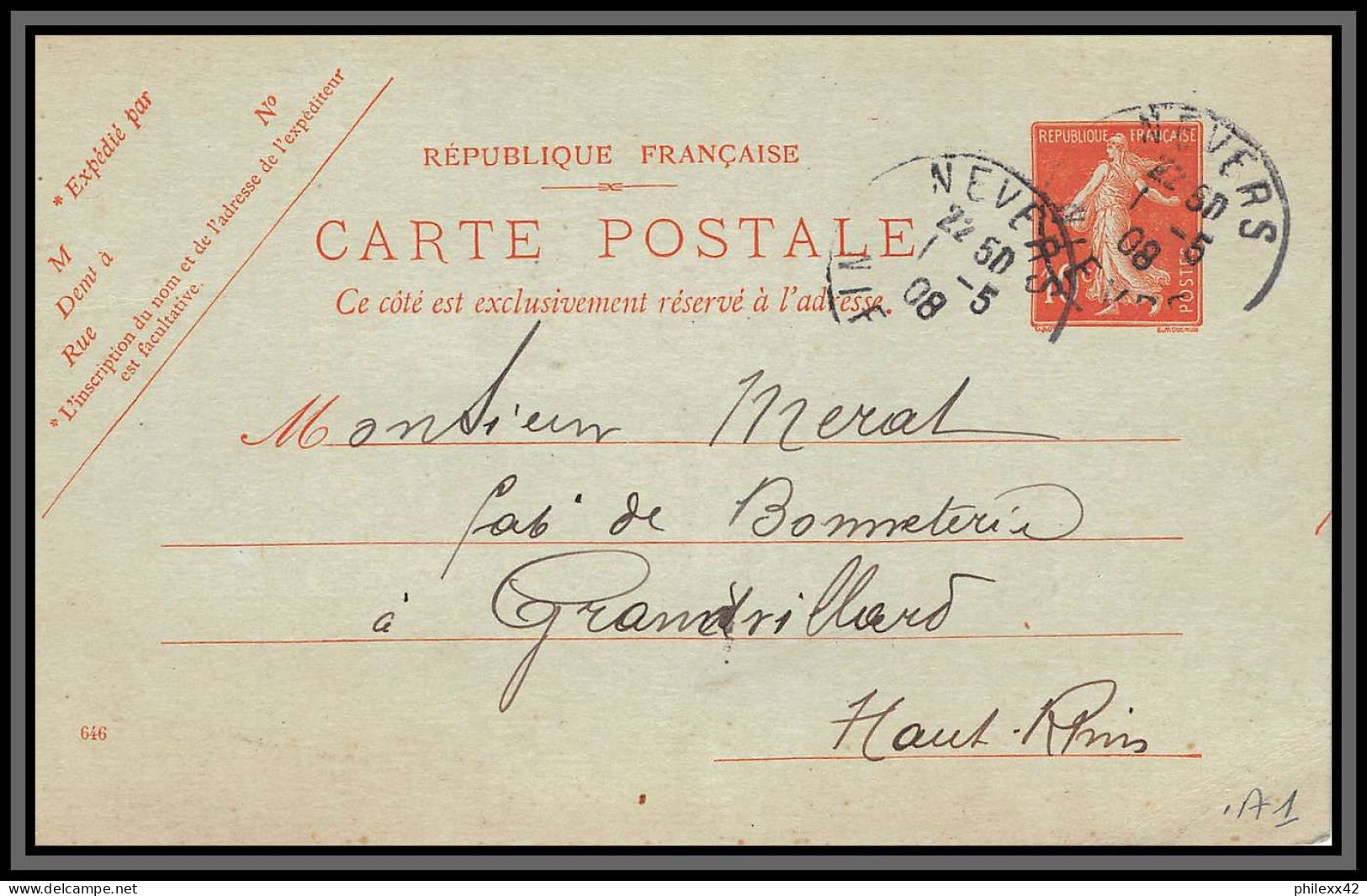 75088 10c Rouge Camée SEC A1 Maigre Date 648 Nevers 1908 Semeuse Entier Postal Stationery Carte Postale Postcard France - Postales Tipos Y (antes De 1995)