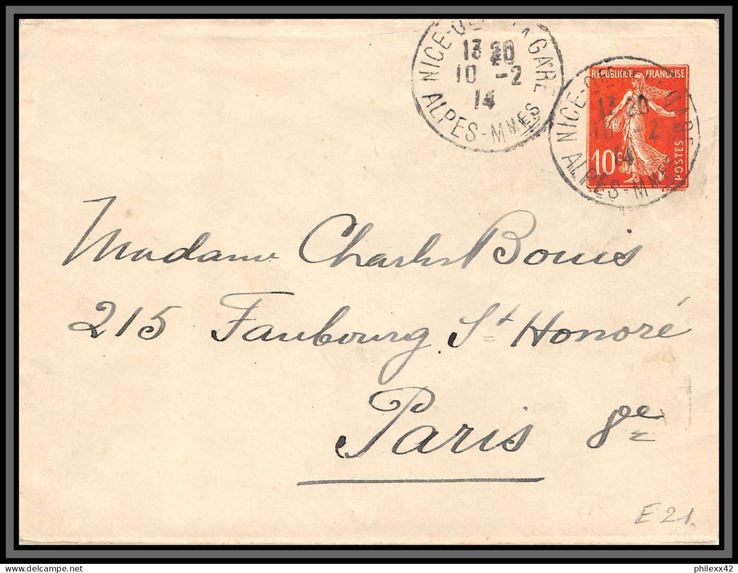 75066 10c Rouge Camée SEC E21 Sans Date Semeuse Nice 1914 Entier Postal Stationery Enveloppe France - Standard- Und TSC-Briefe (vor 1995)